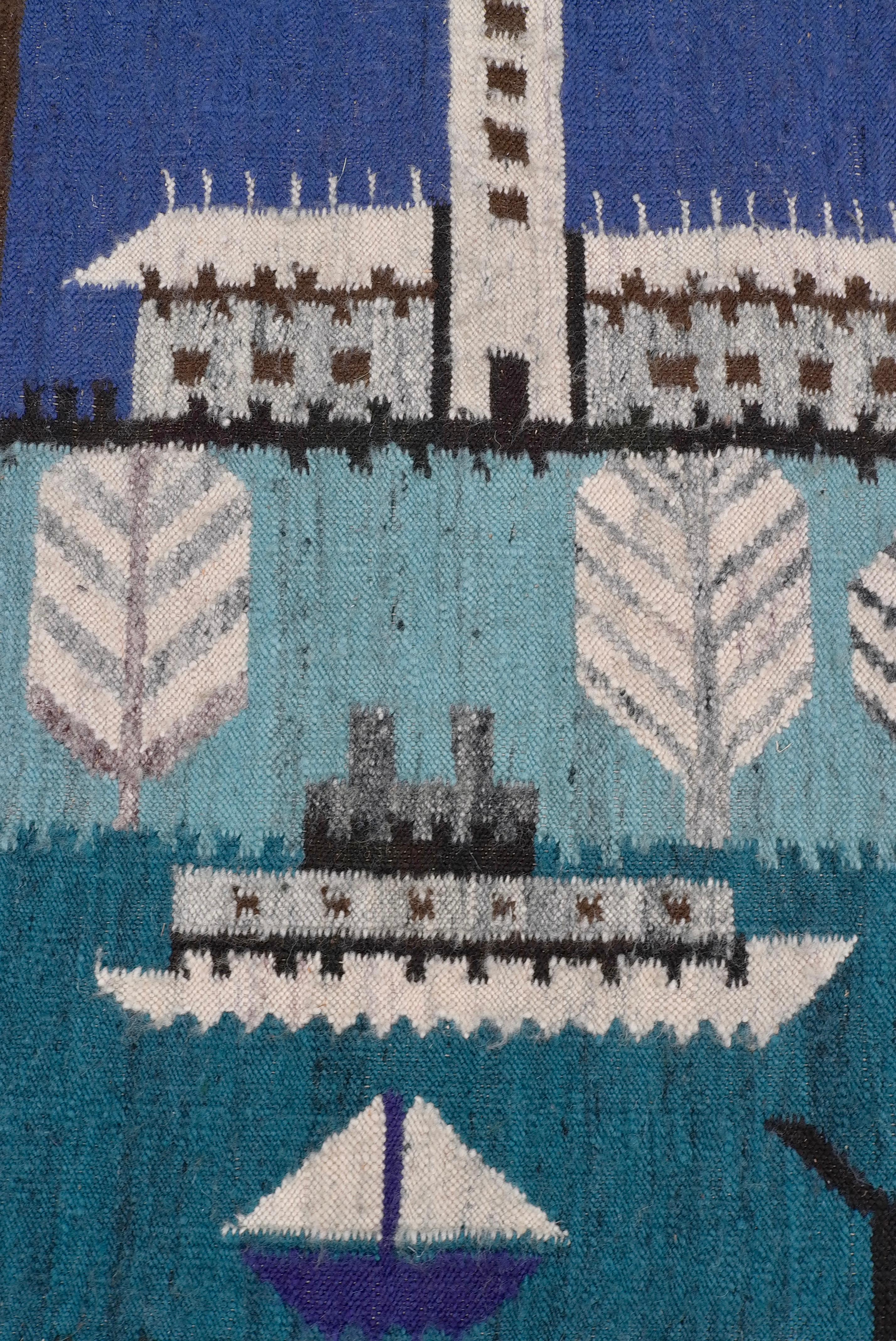 Woolen Mid-Century Hand Knotted Carpet Harbor and Boat Decor, Denmark, 1950's In Good Condition For Sale In Den Haag, NL