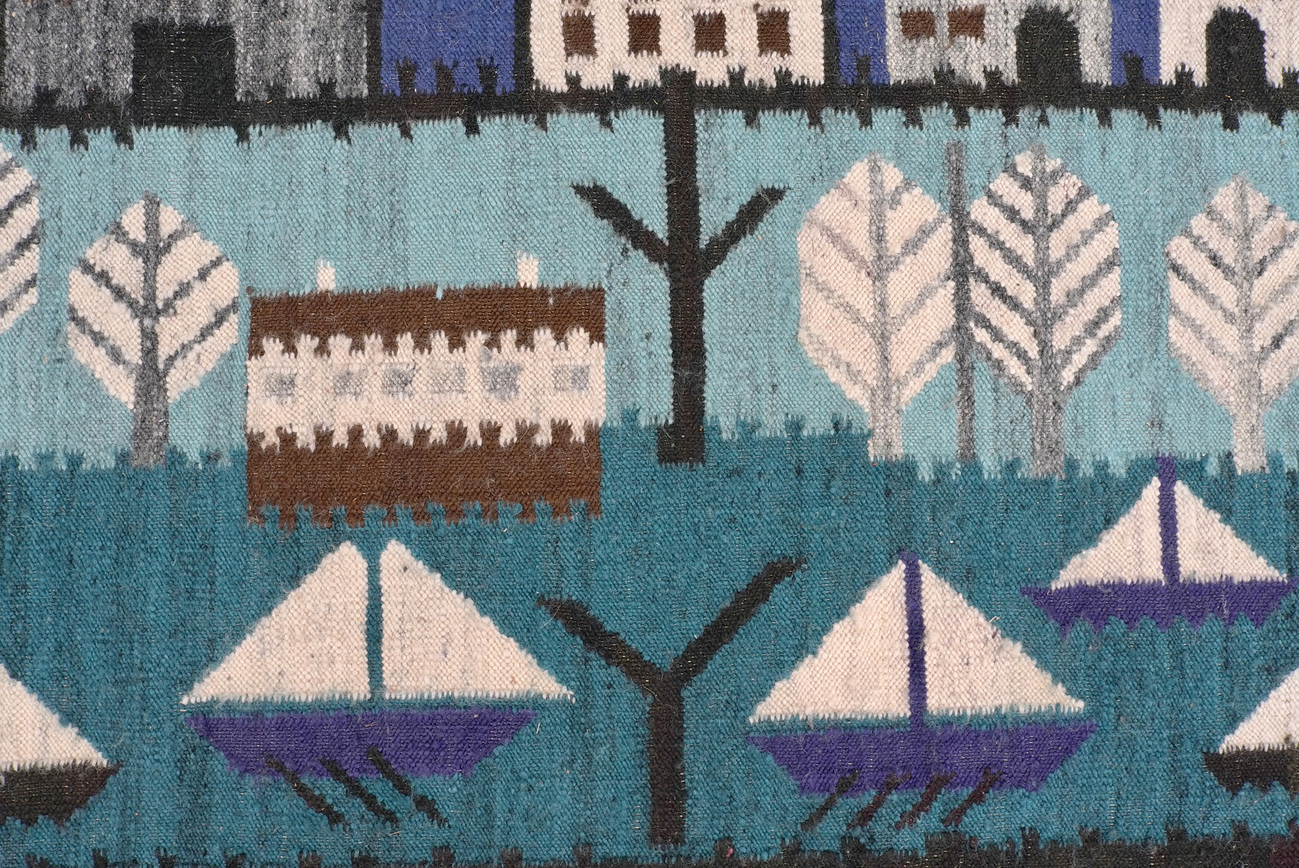 Mid-20th Century Woolen Mid-Century Hand Knotted Carpet Harbor and Boat Decor, Denmark, 1950's For Sale