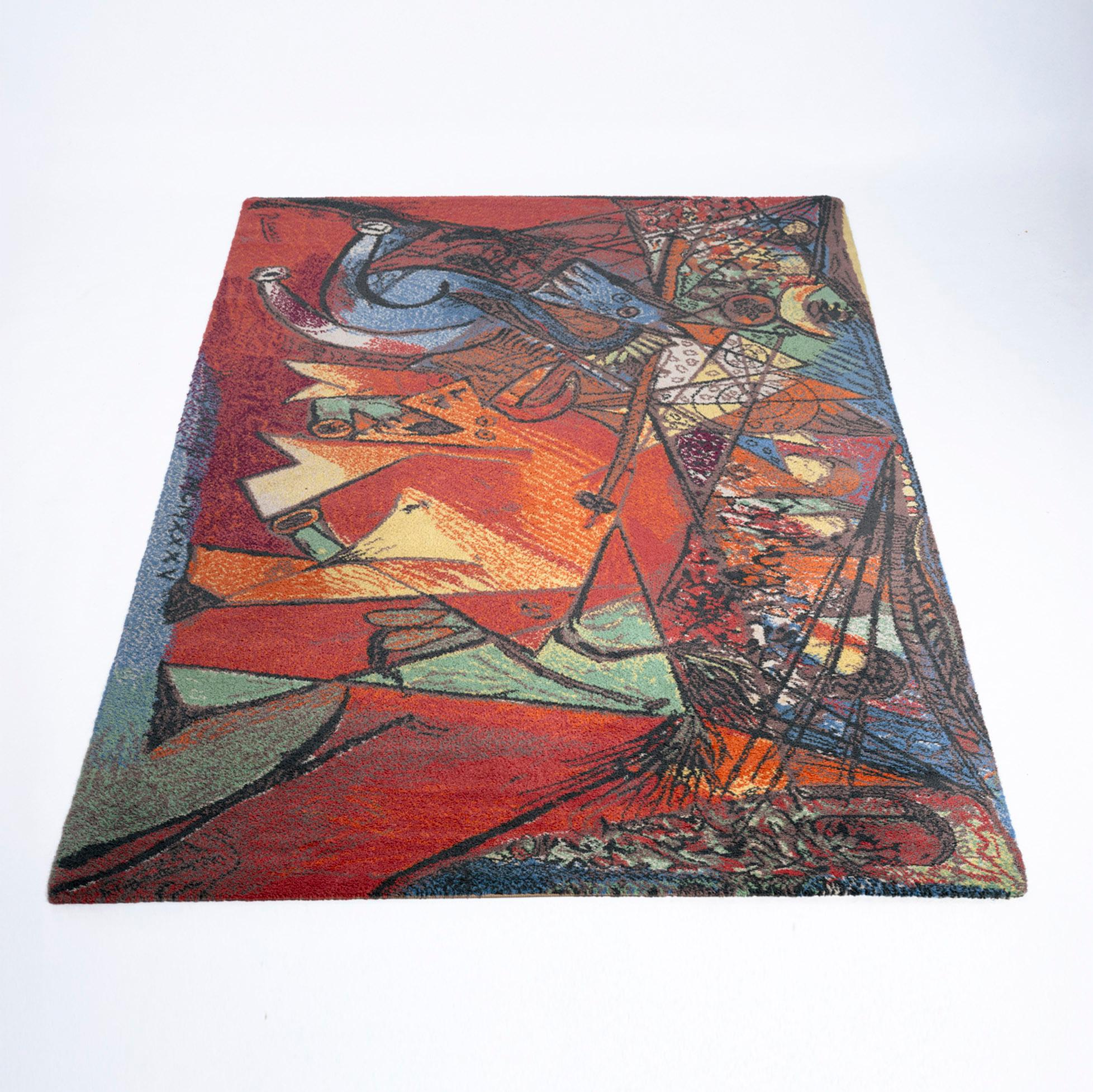 Woolen Pablo Picasso Rug “Run of the Bulls” by Ege Axminster carpets in Denmark. late-Twentieth Century. 
Size: 2.49 m x 3.40 m (8′2″ × 11′2″)
The rug renders Picasso’s energetic cubist vision of Pamplona’s bull run, celebrating bold geometry,