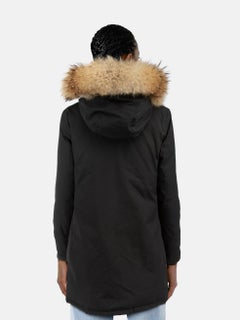 Woolrich Black Duck Down Raccoon Fur Coat Size M