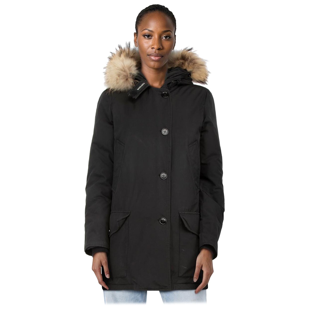 Woolrich Black Duck Down Raccoon Fur Coat Size M in vendita