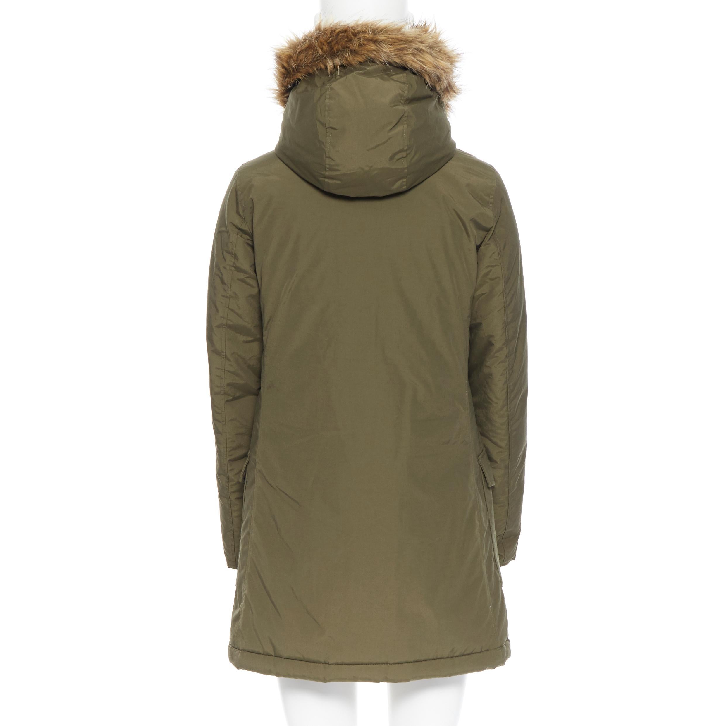 Women's WOOLRICH olive green raccoon fur trimmed hood down padded winter coat jacket XS