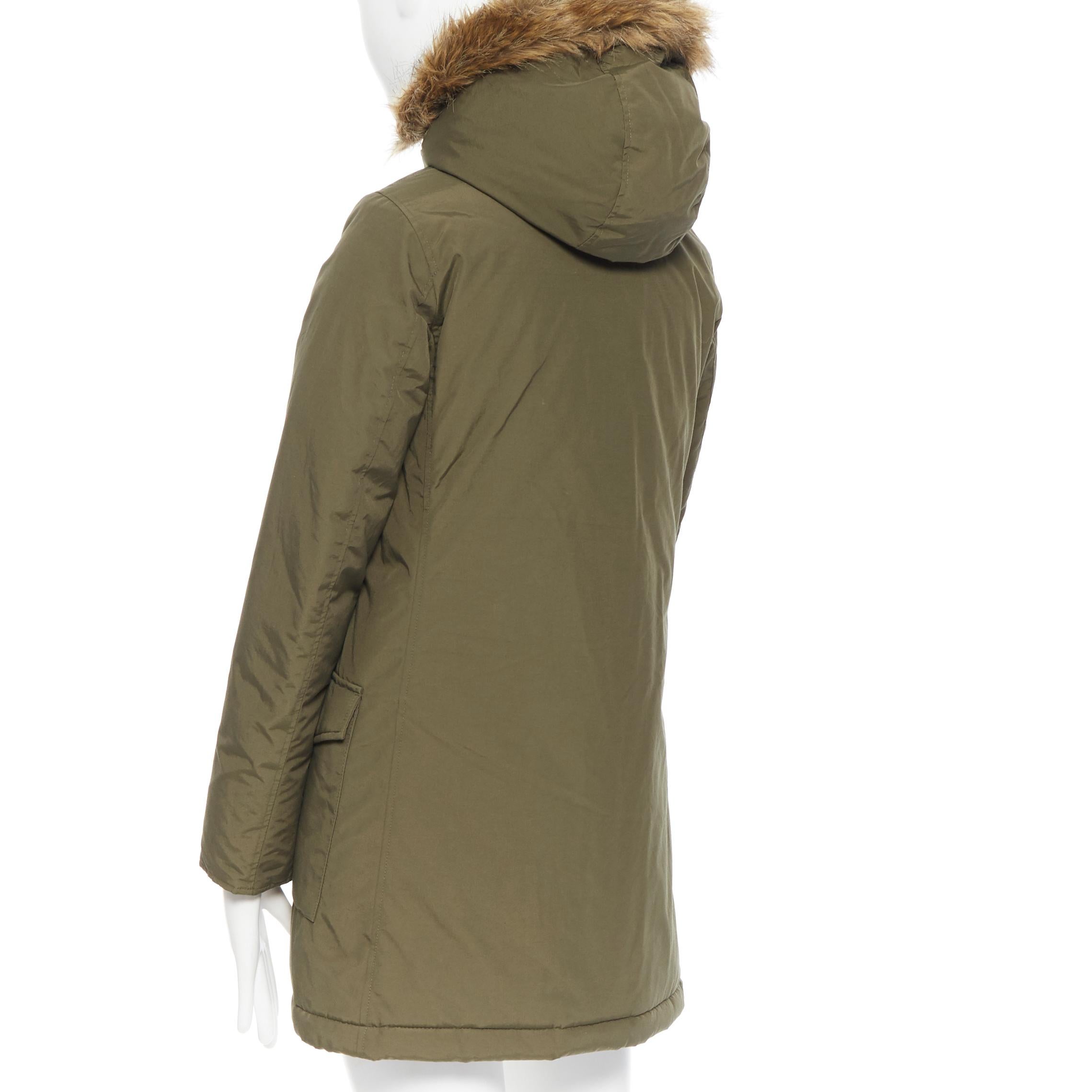 WOOLRICH olive green raccoon fur trimmed hood down padded winter coat jacket XS 1