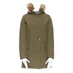 Used WOOLRICH olive green raccoon fur trimmed hood down padded winter coat jacket XS