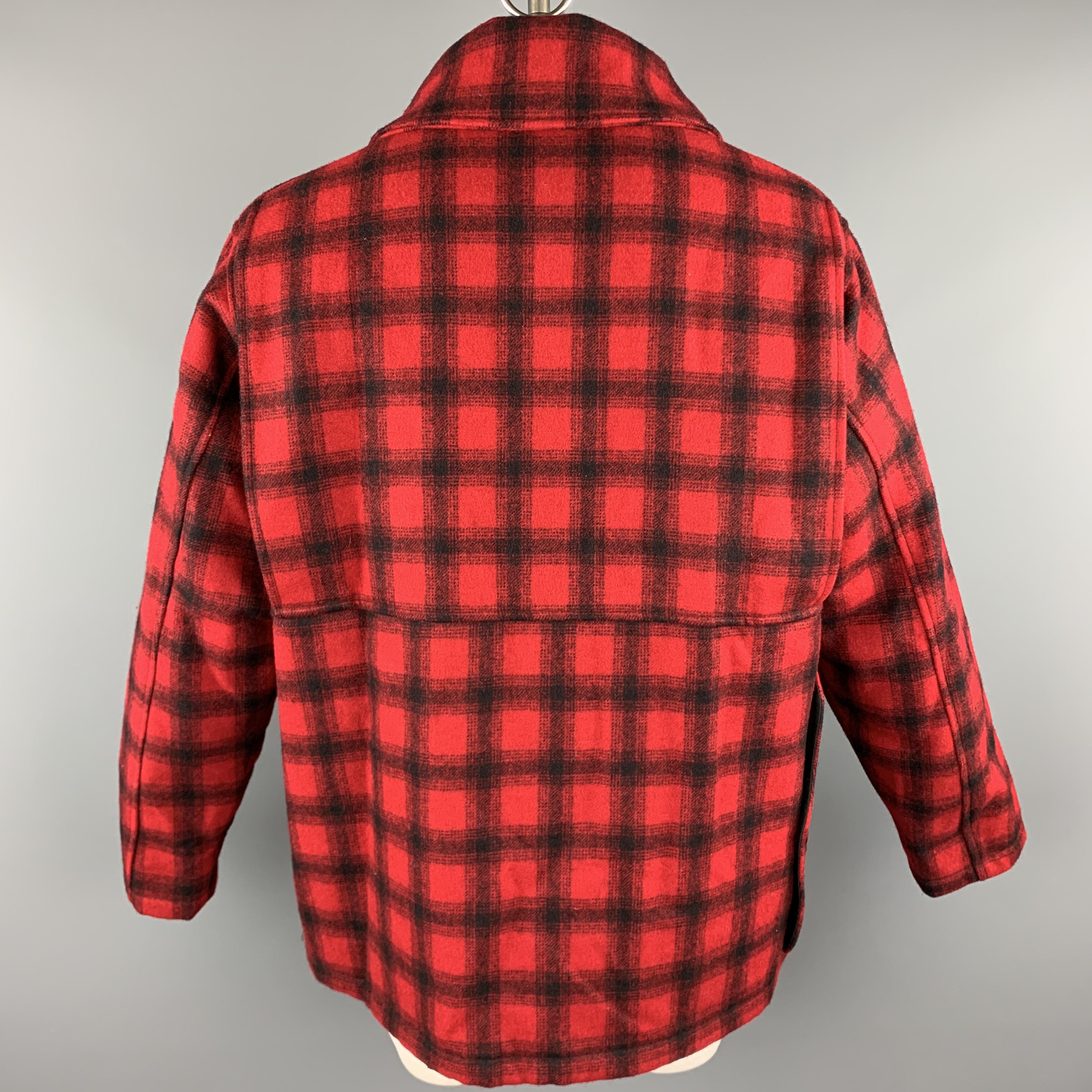 WOOLRICH Size L Red & Black Plaid Wool Hidden Buttons Hunter Coat In Excellent Condition In San Francisco, CA