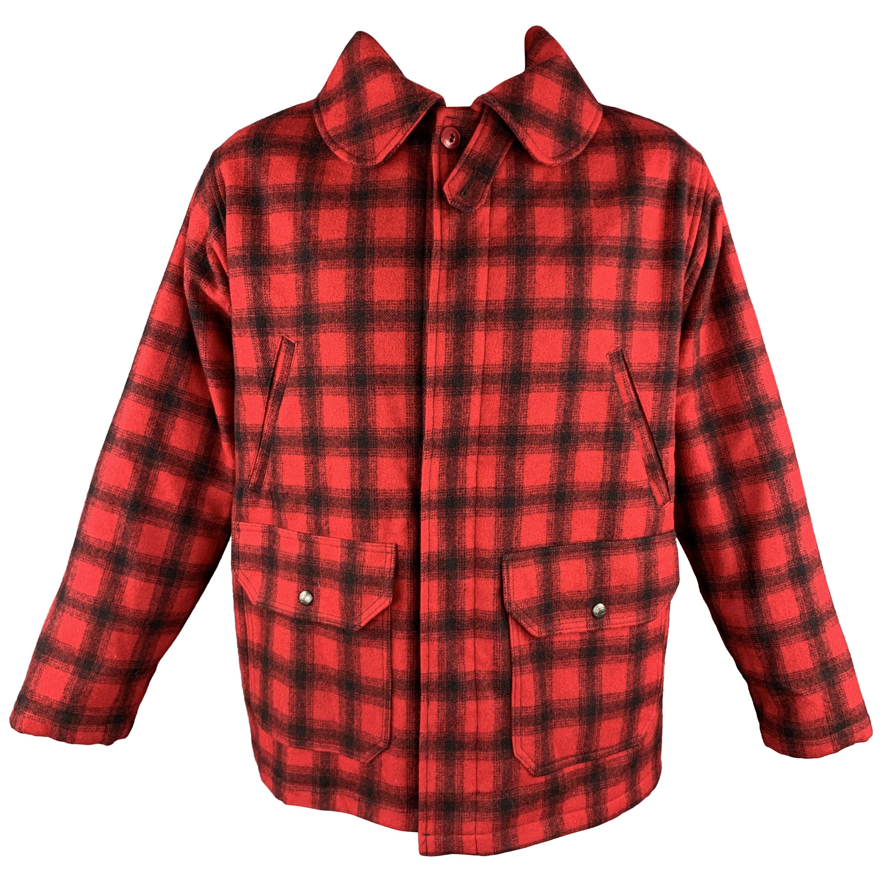 WOOLRICH Size L Red and Black Plaid Wool Hidden Buttons Hunter Coat at ...