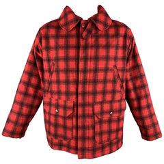 WOOLRICH Size L Red & Black Plaid Wool Hidden Buttons Hunter Coat