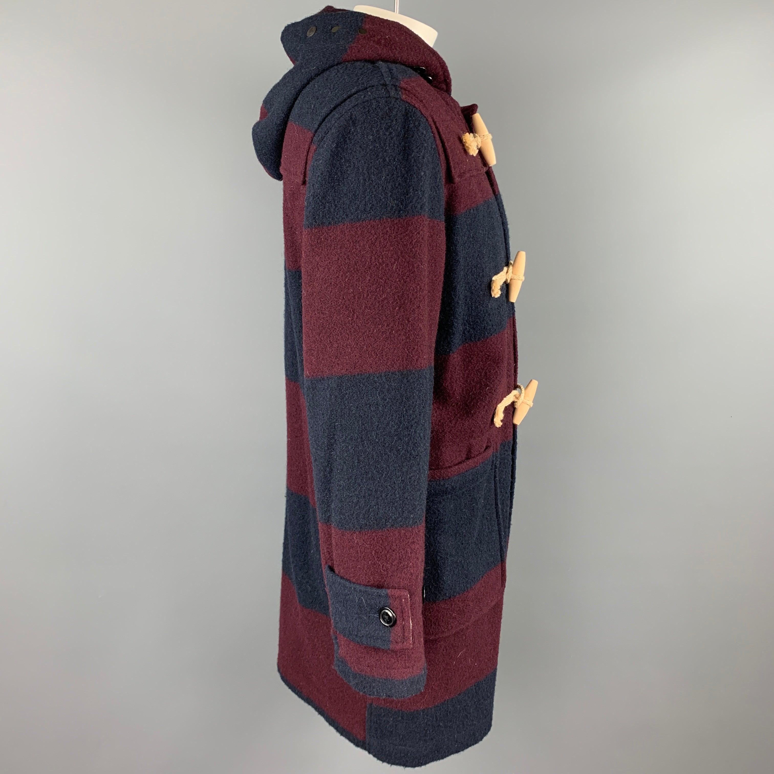 WOOLRICH Size M Burgundy & Navy Stripe Wool / Nylon Hooded Coat In Good Condition For Sale In San Francisco, CA