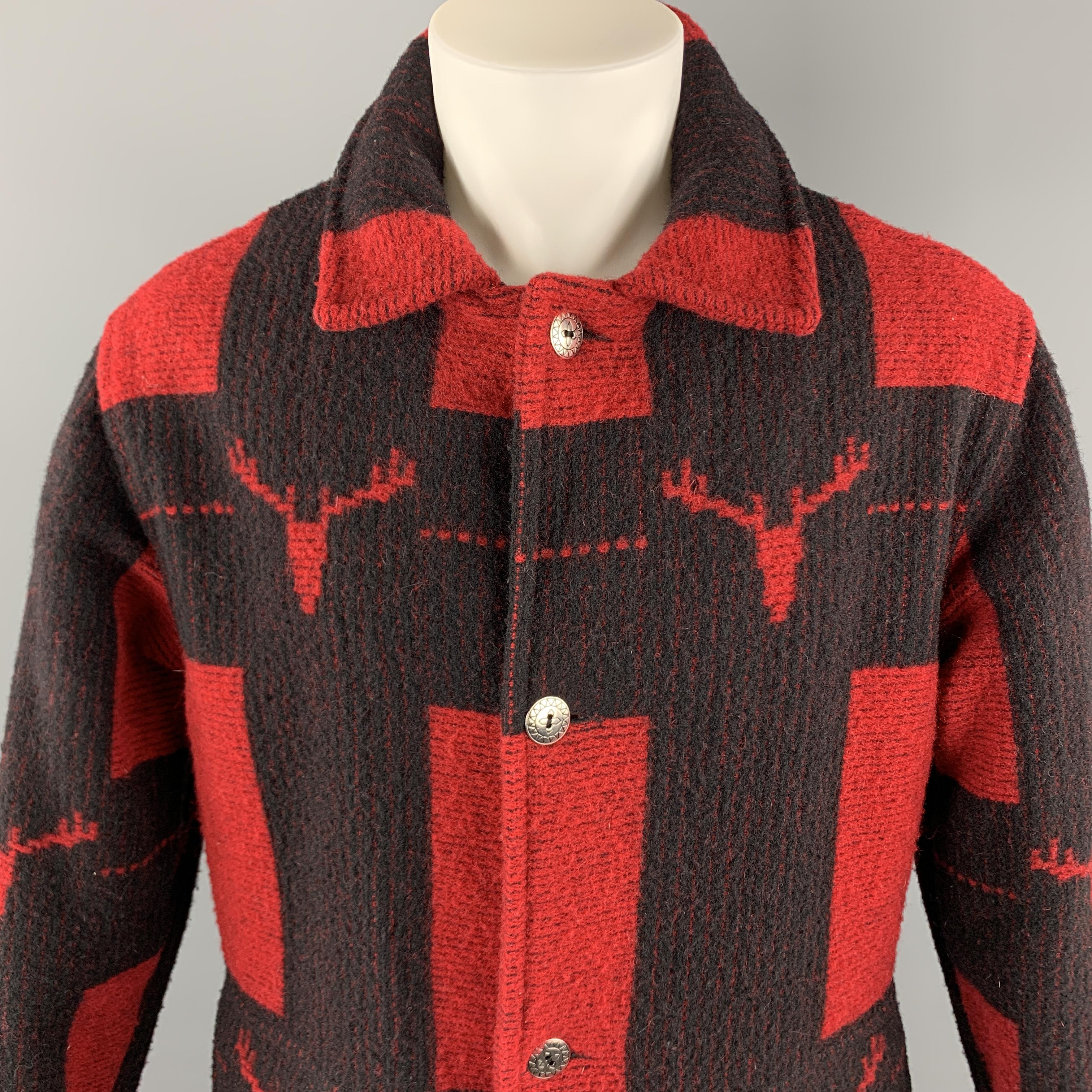 WOOLRICH Coat comes in a red and black plaid wool material, featuring four buttons at closure, silver metal tone buttons, single breasted, patch pockets, functional buttons at cuffs, unlined. Made in USA.

Excellent Pre-Owned Condition.
Marked: