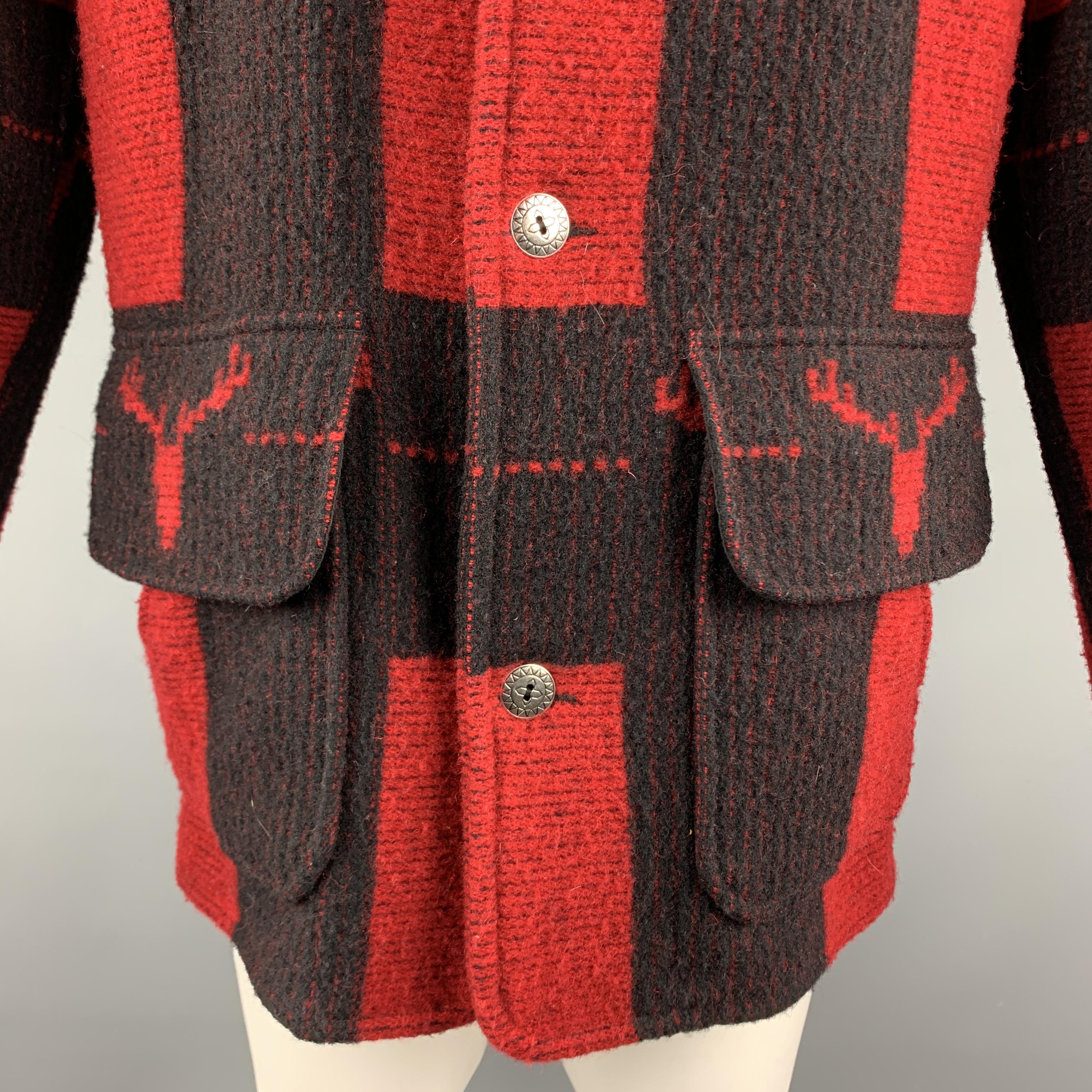 WOOLRICH Size S Red & Black Plaid Wool / Nylon Buttoned Patch Pockets Coat In Excellent Condition In San Francisco, CA