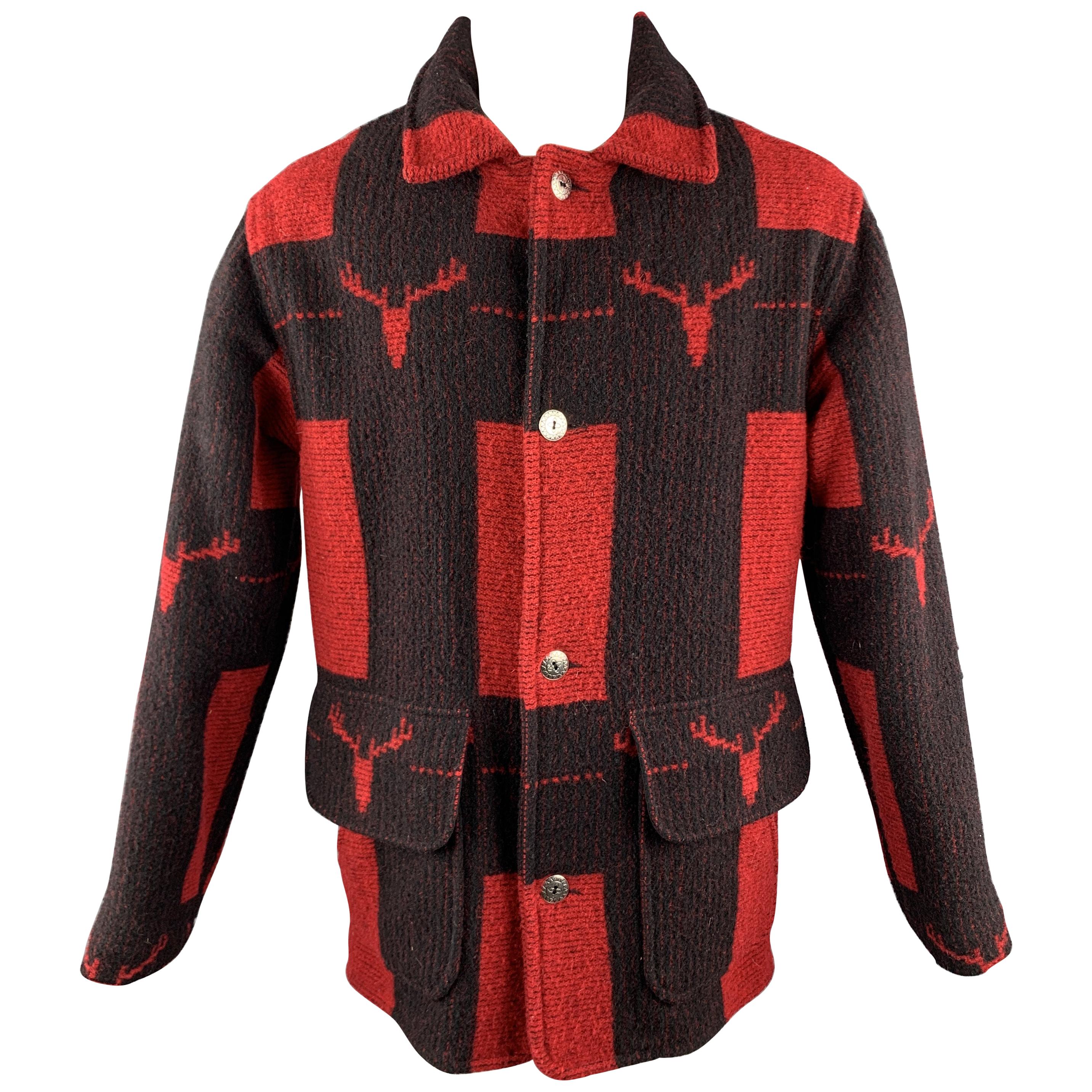 WOOLRICH Size S Red & Black Plaid Wool / Nylon Buttoned Patch Pockets Coat