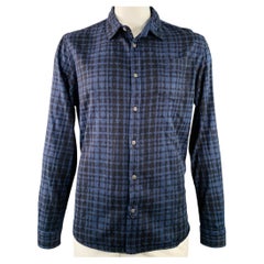 WOOLRICH Size XL Navy Black Plaid Cotton One Pocket Long Sleeve Shirt