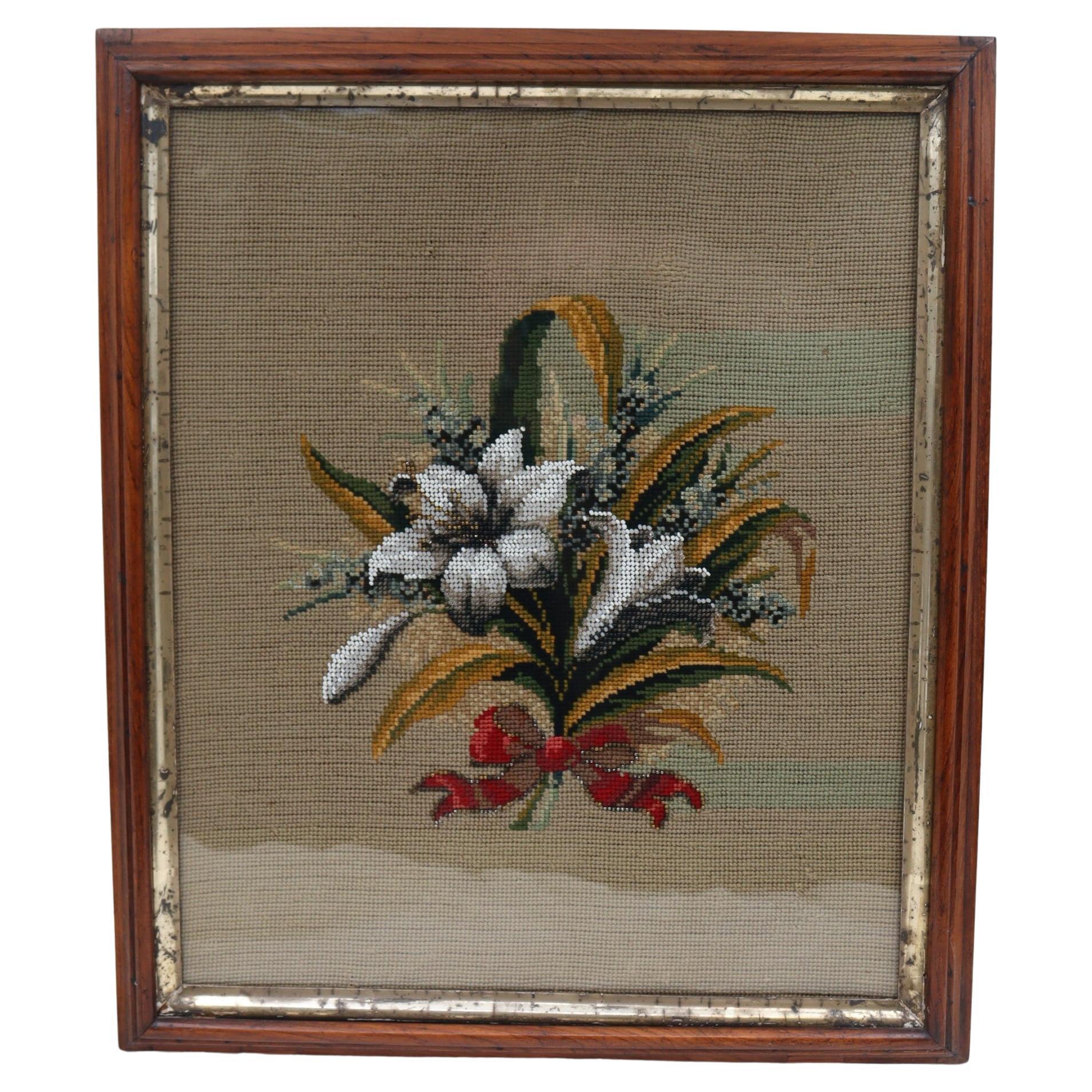 Woolwork floral spray with beading highlights For Sale