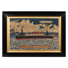Antique Woolwork Picture of the Liner RMS Lusitania