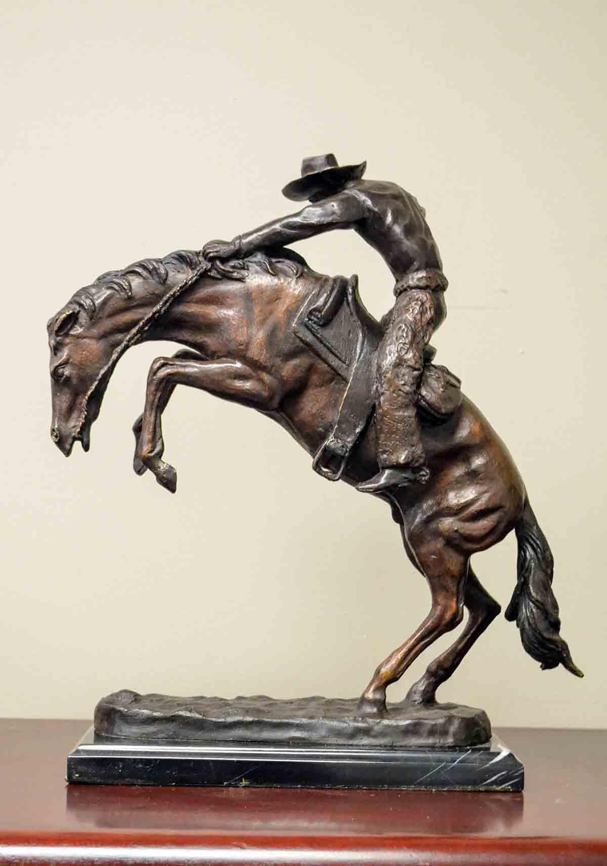 Wooly Chaps Bronze Sculpture on Marble Base, after Frederic Remington In Good Condition For Sale In Yonkers, NY