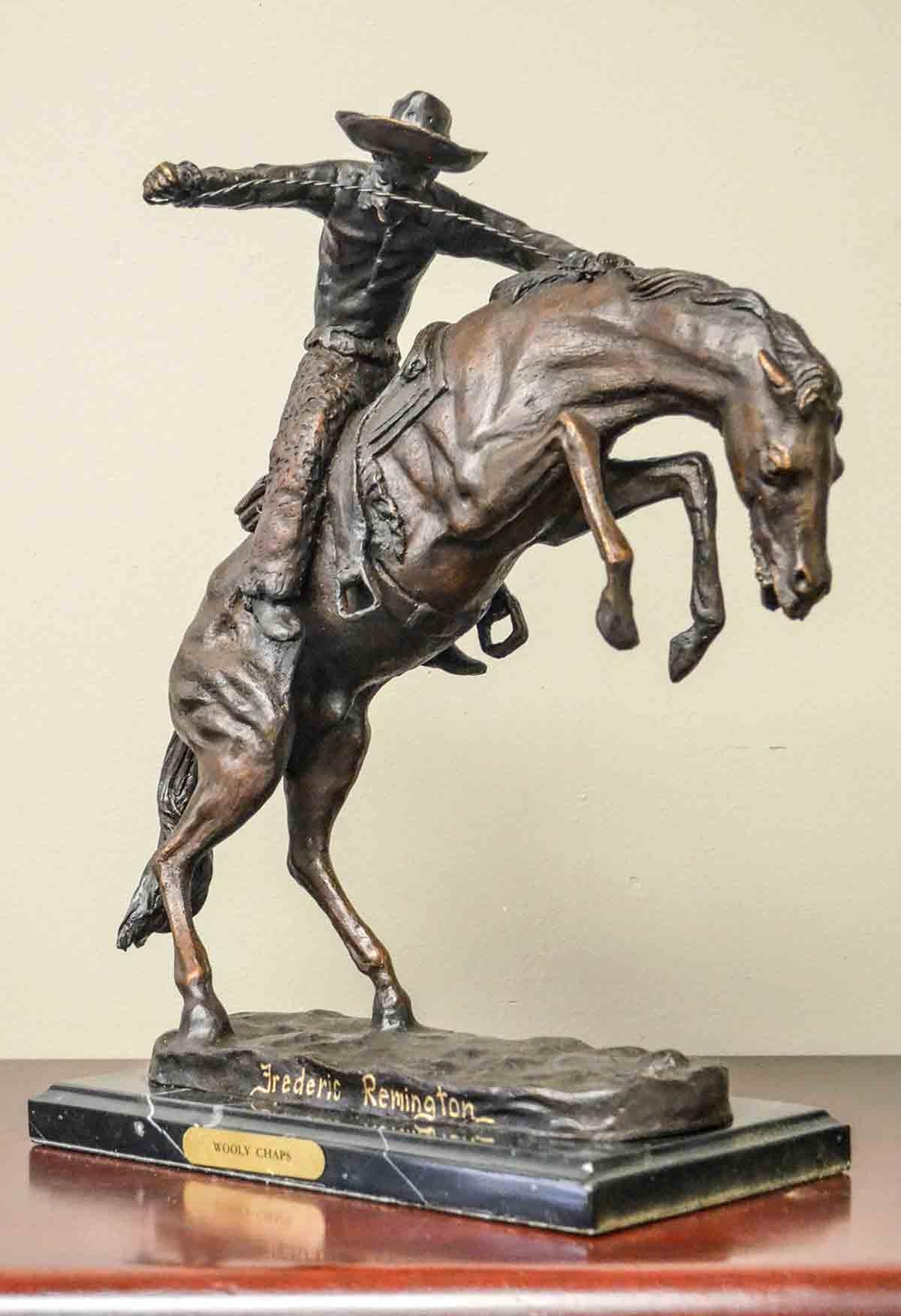 Wooly Chaps Bronze Sculpture on Marble Base, after Frederic Remington For Sale 1