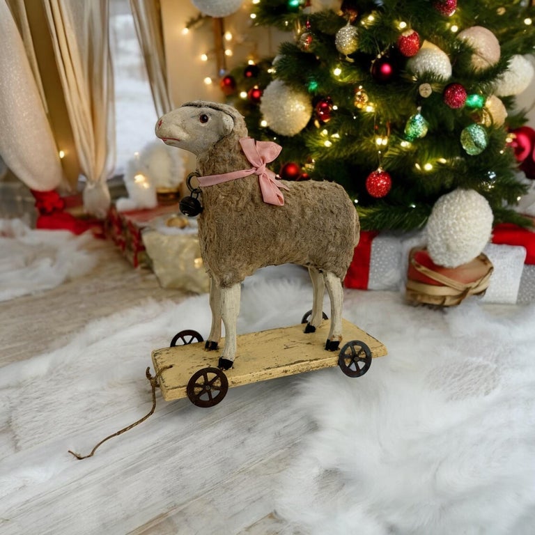 Wooly Sheep Pull Putz Toy Antique German Christmas 1900s For Sale