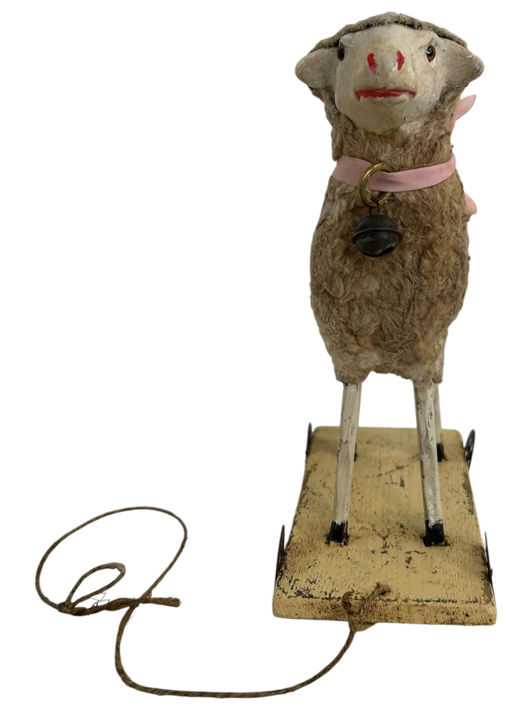Folk Art Wooly Sheep Pull Putz Toy Antique German Christmas 1900s For Sale