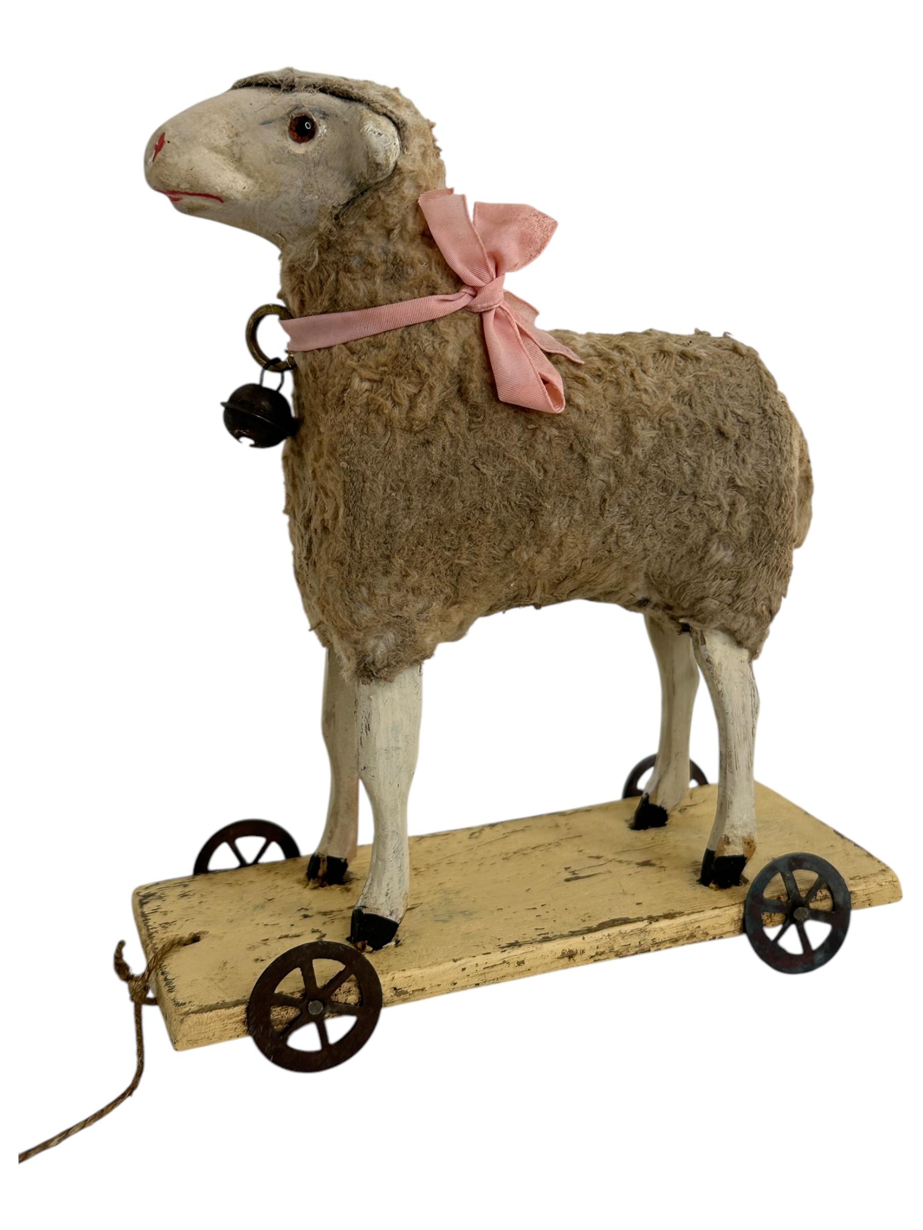 Hand-Crafted Wooly Sheep Pull Putz Toy Antique German Christmas 1900s For Sale