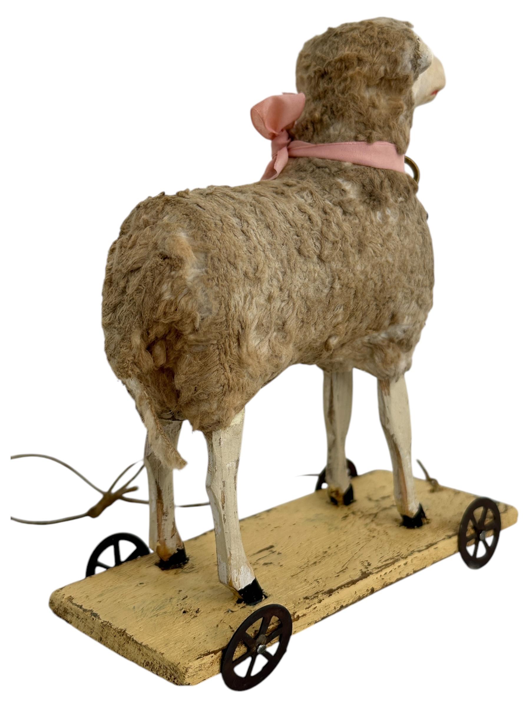 Early 20th Century Wooly Sheep Pull Putz Toy Antique German Christmas 1900s For Sale