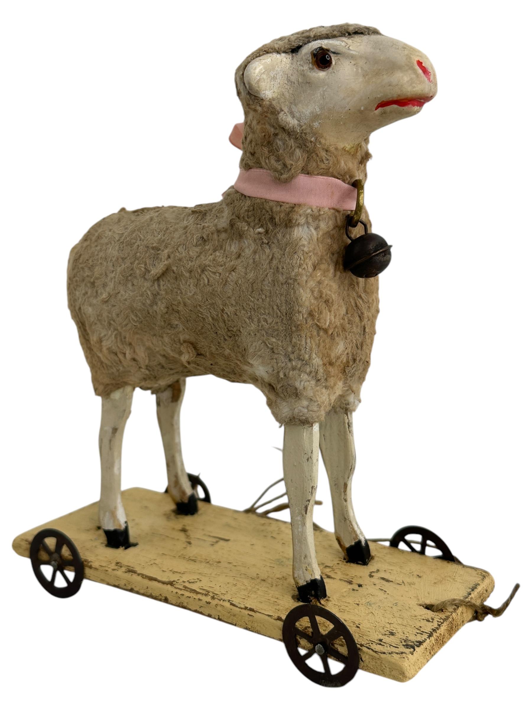 Composition Wooly Sheep Pull Putz Toy Antique German Christmas 1900s For Sale