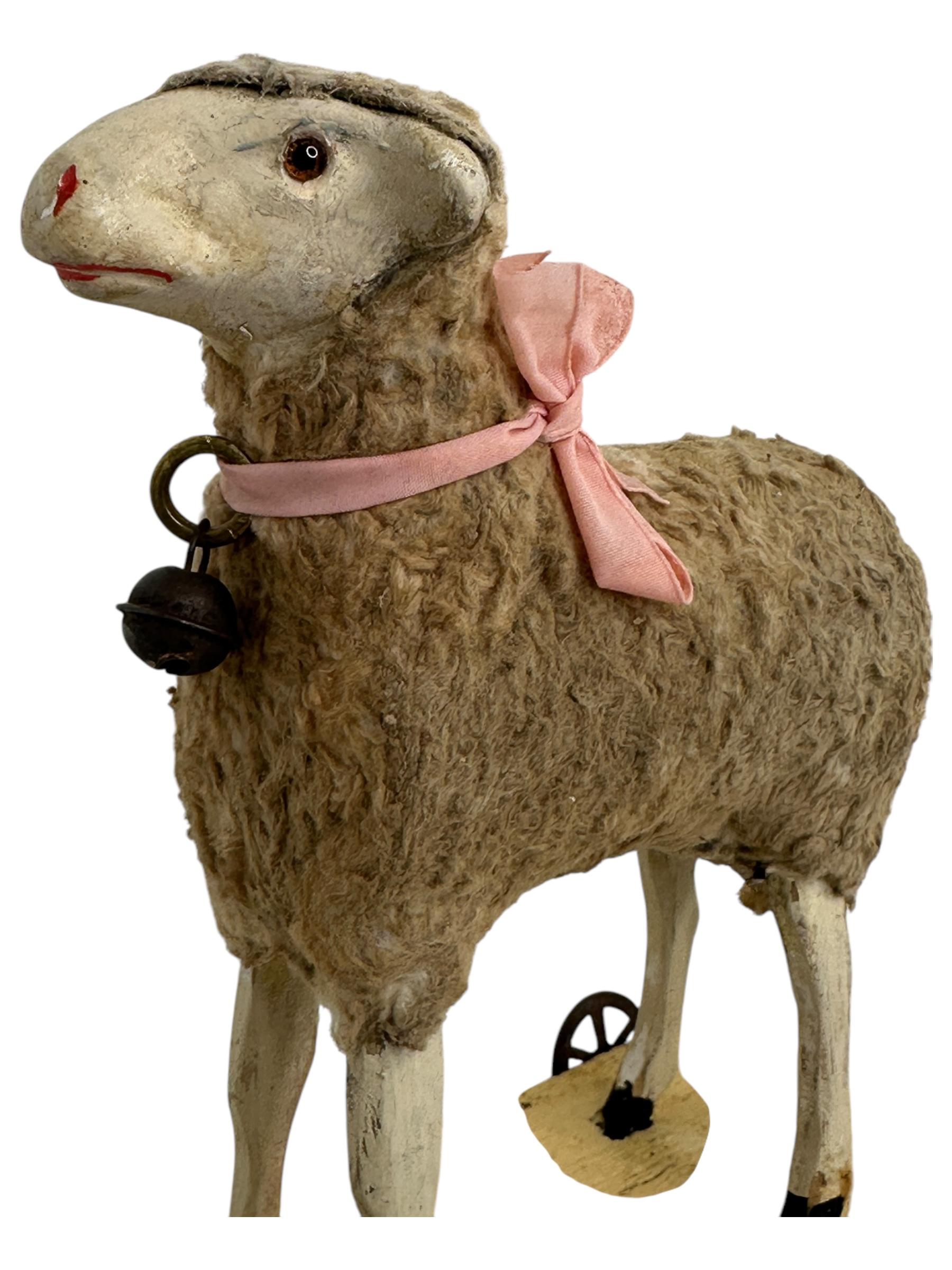Wooly Sheep Pull Putz Toy Antique German Christmas 1900s For Sale 2