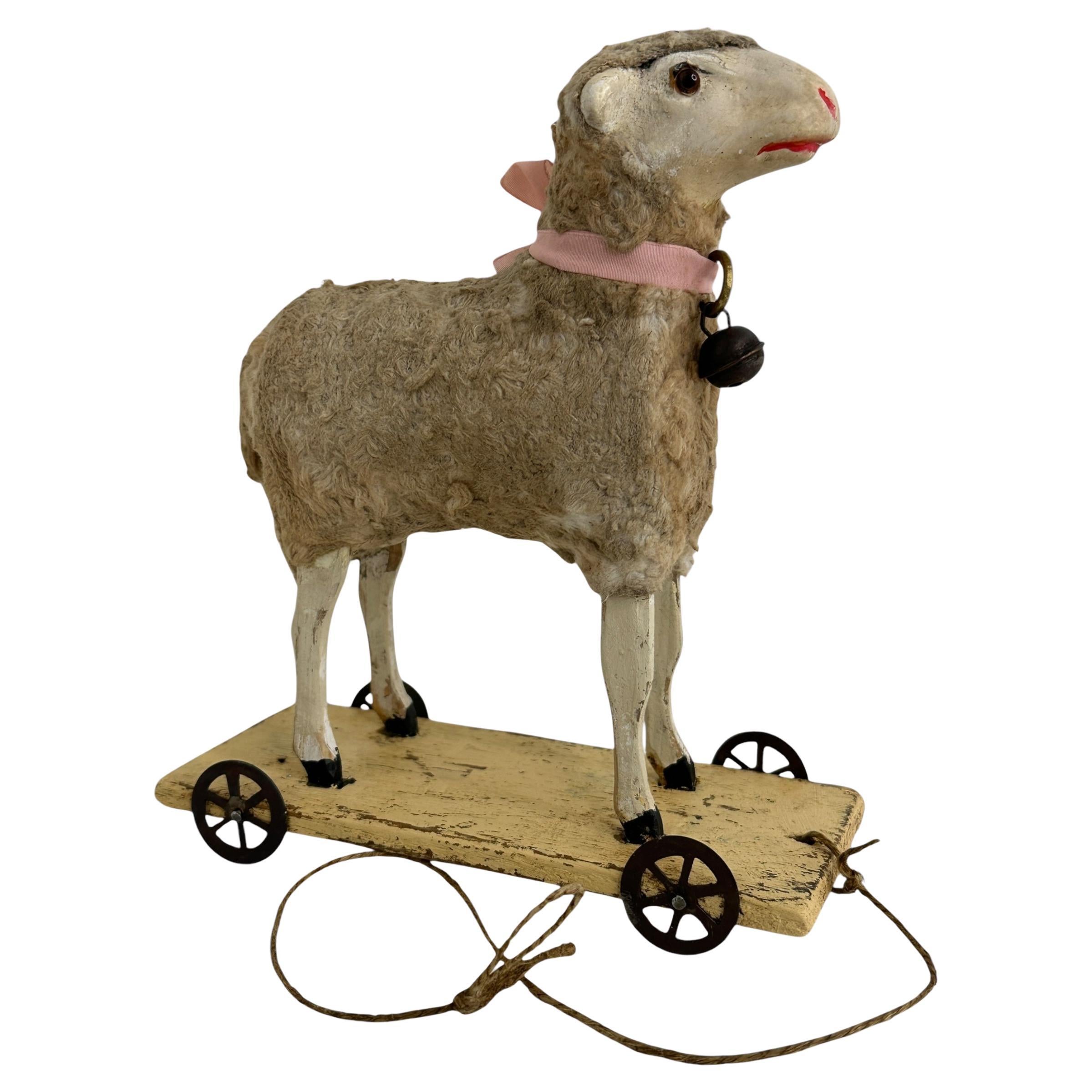Wooly Sheep Pull Putz Toy Antique German Christmas 1900s