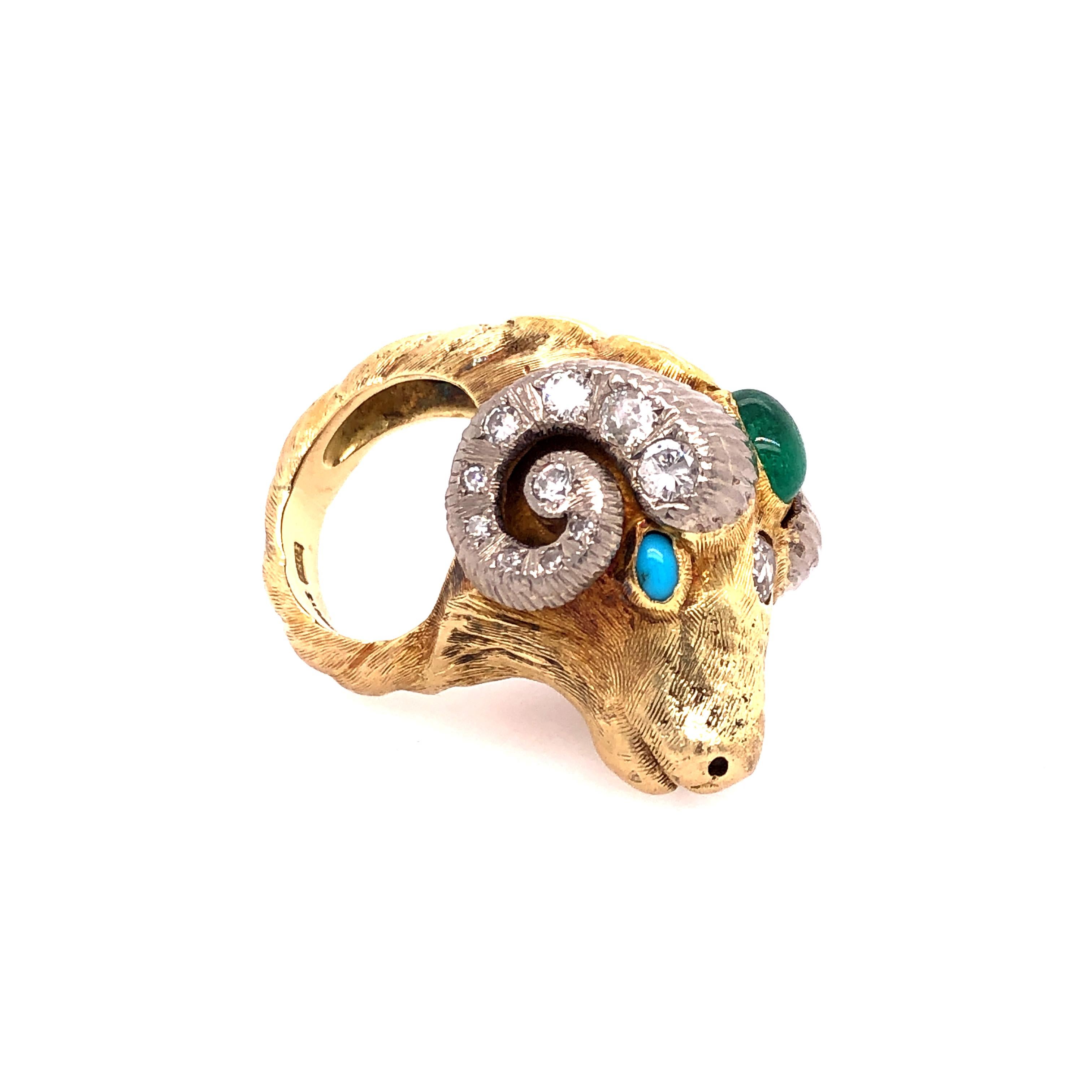 Worboys Vintage Diamond and Gemstone Ram's Head Ring 4