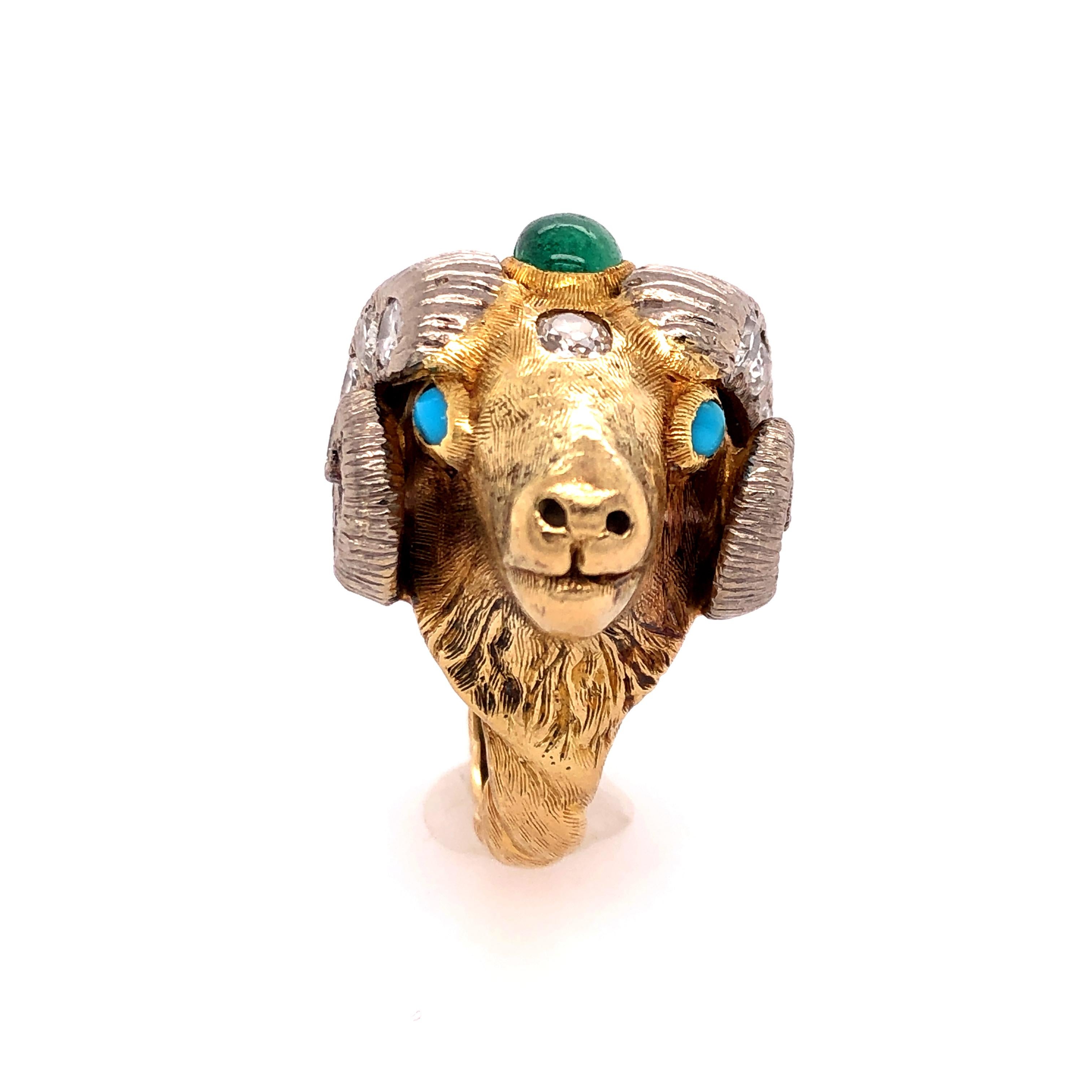 My Fellow Aries... this ring is for you! Skillfully sculpted vintage 18K ram's head ring is adorned with a large cabochon Emerald (7.5mm x 5mm), an oval faceted ruby (6.7mm x 5mm), turquoise (3.5mm x 2mm), and diamonds of varying sizes (between 6mm