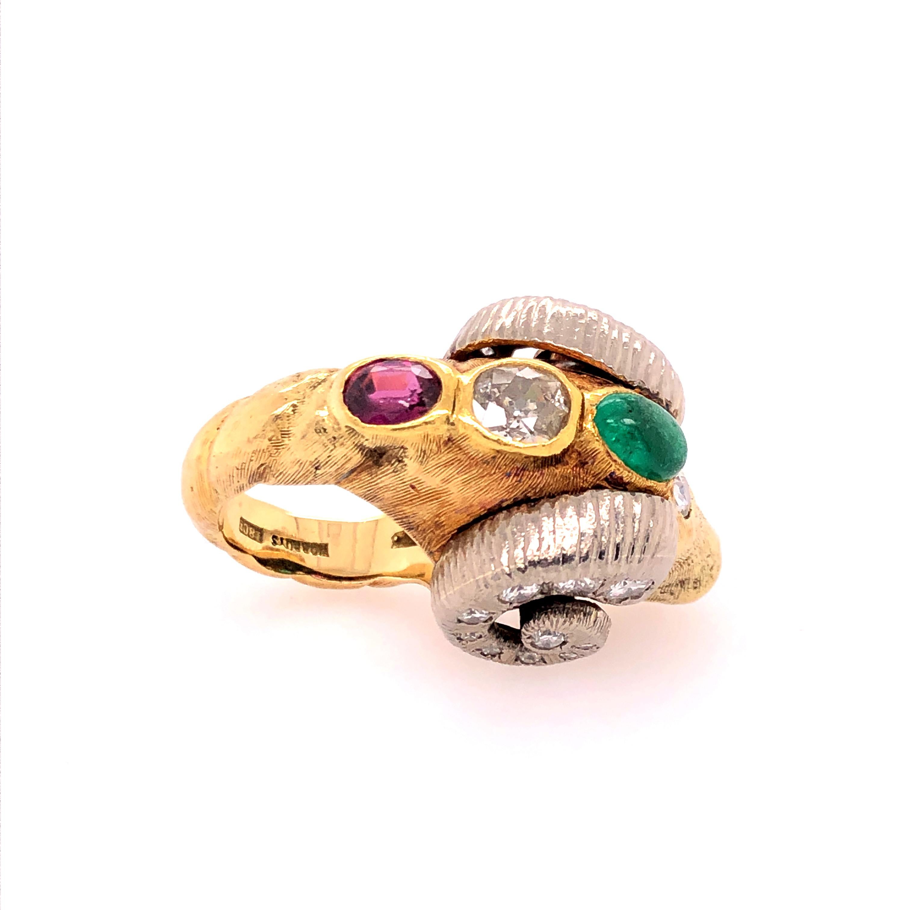 Artist Worboys Vintage Diamond and Gemstone Ram's Head Ring