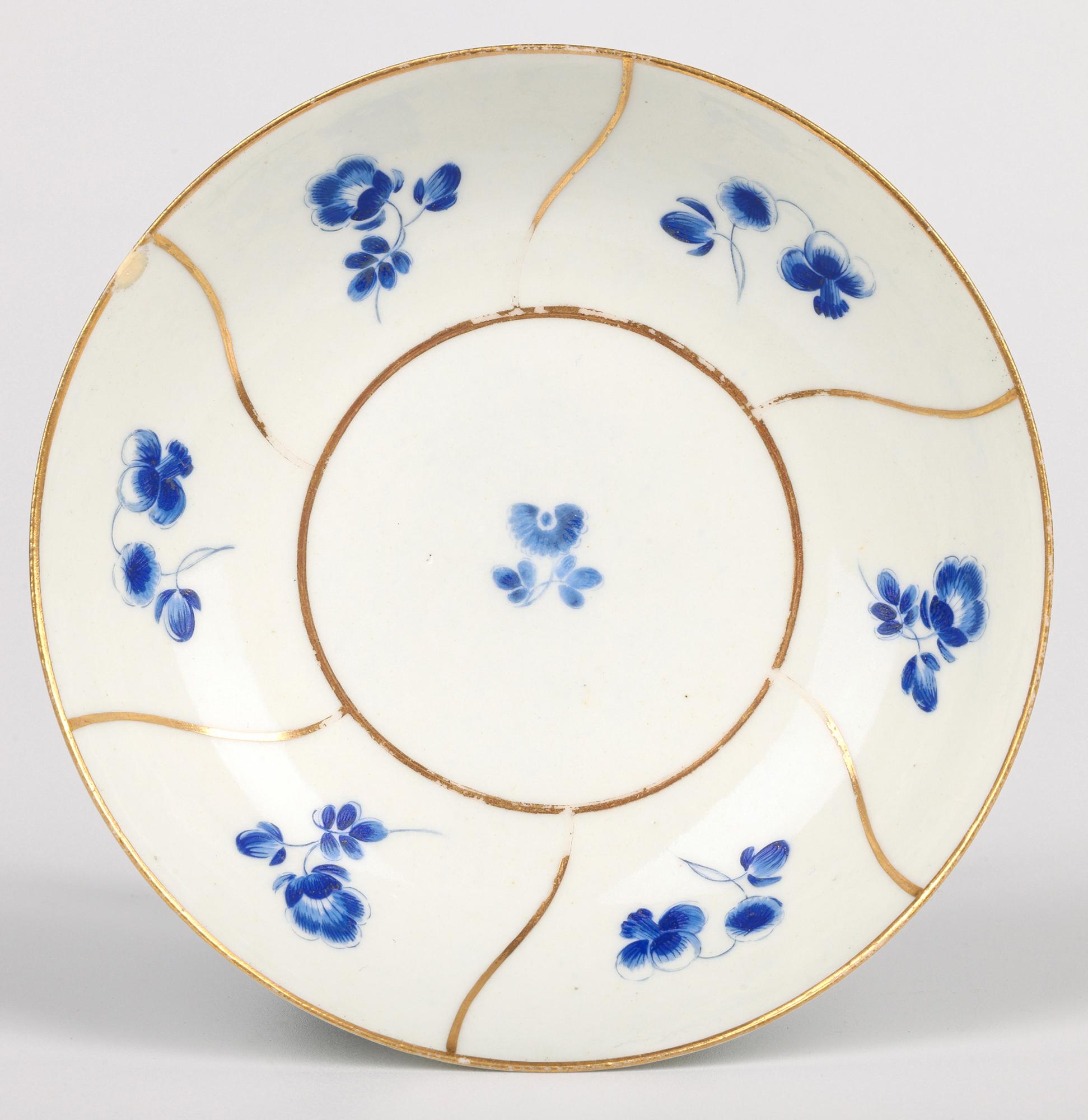British Worcester Antique Dry Blue Floral Pattern Teabowl and Saucer For Sale