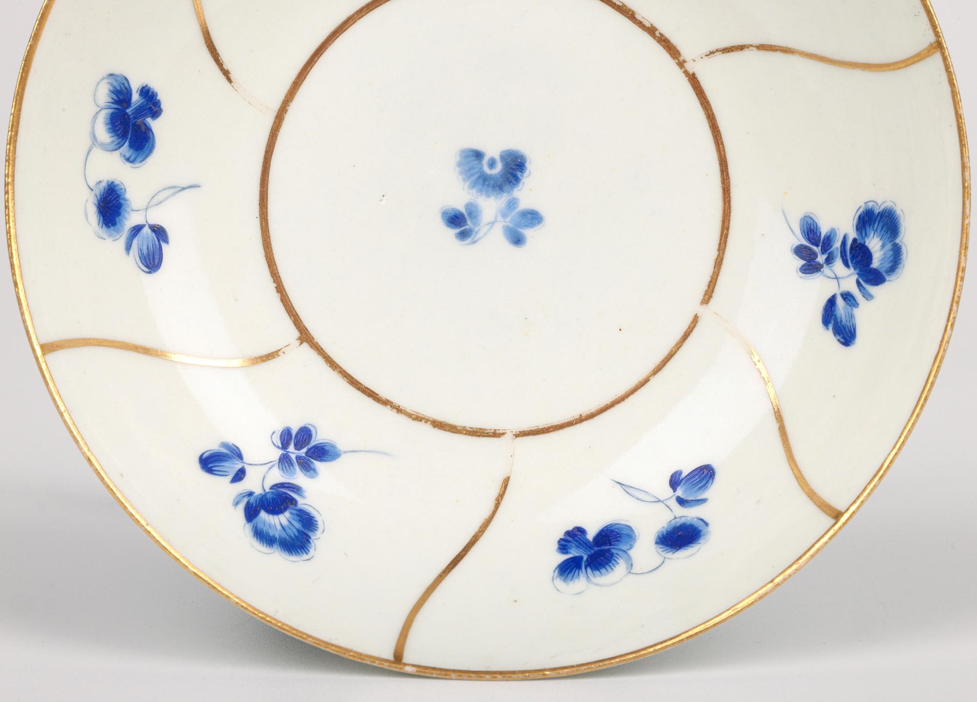 Glazed Worcester Antique Dry Blue Floral Pattern Teabowl and Saucer For Sale