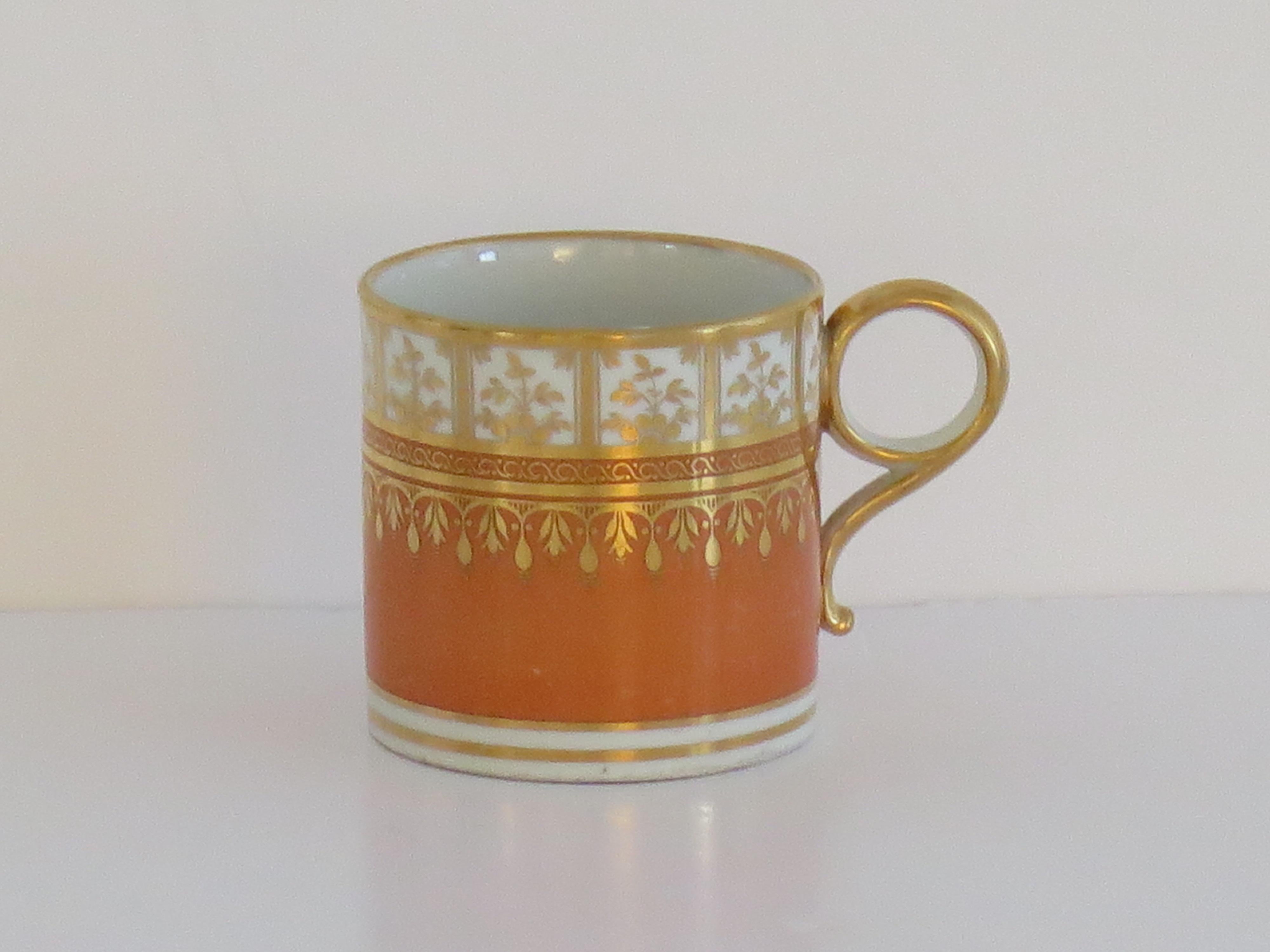 A very good Porcelain Coffee Can with a ring handle, hand decorated with an orange and gilt pattern by Worcester during the Barr period, fully marked to the base and dating to circa 1792-1807.

This is a well potted Coffee Can with nominally