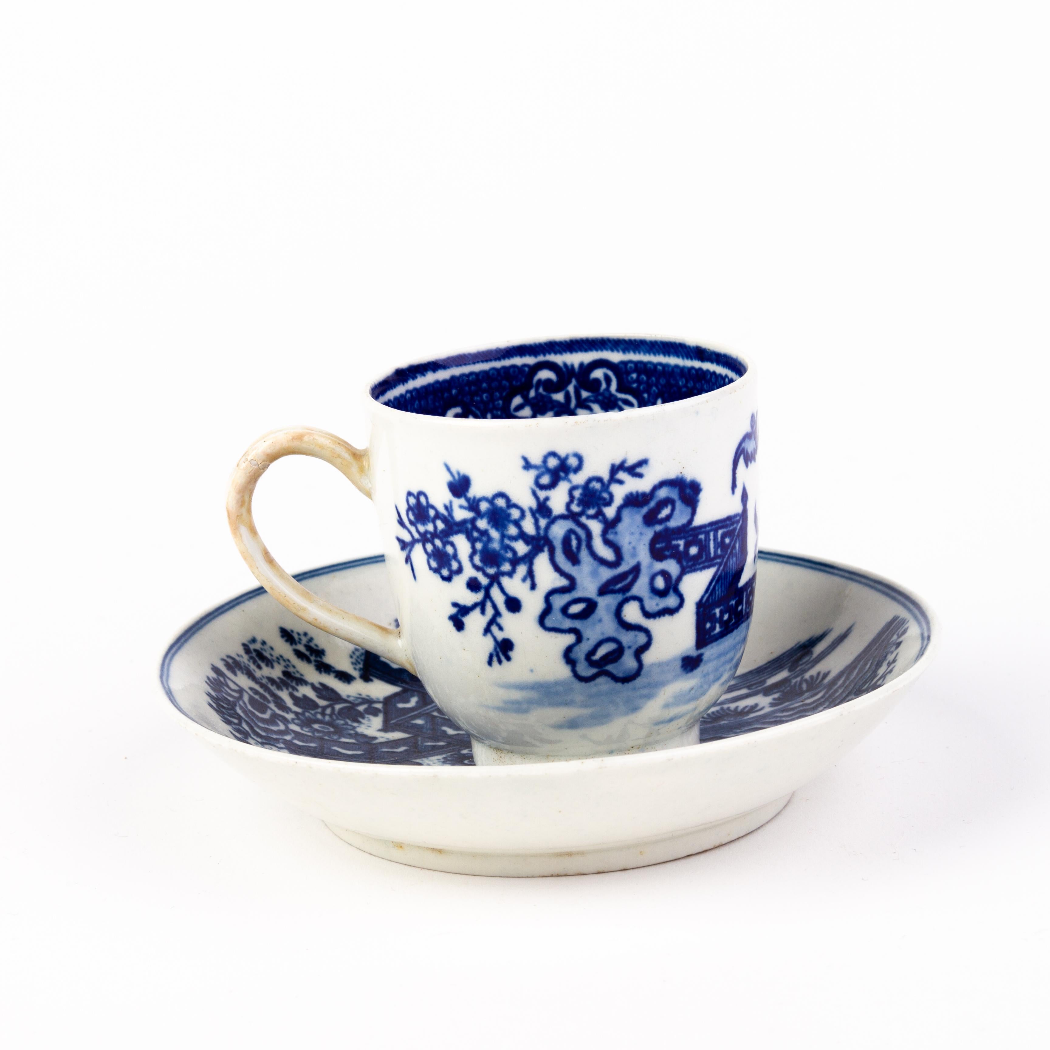 18th Century and Earlier Worcester Blue & White Porcelain Tea Cup & Saucer 18th Century  For Sale