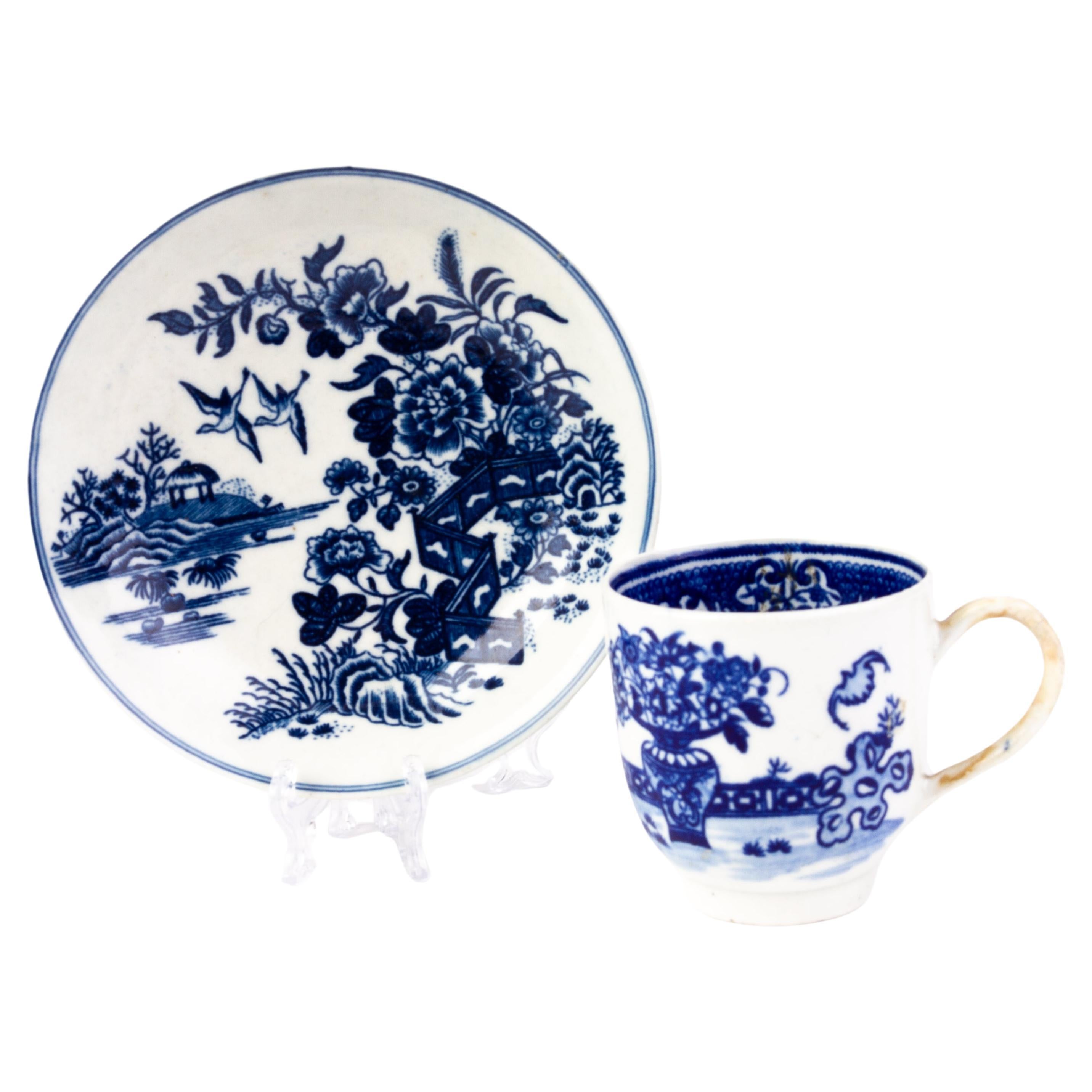 Worcester Blue & White Porcelain Tea Cup & Saucer 18th Century  For Sale