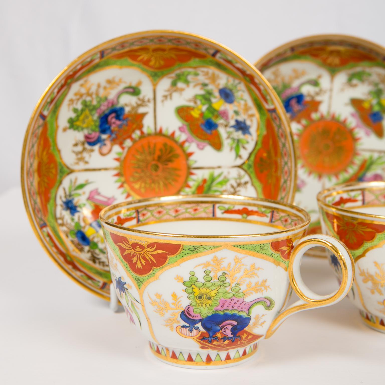Worcester Dragon in Compartments Tea Cups and Saucers 1