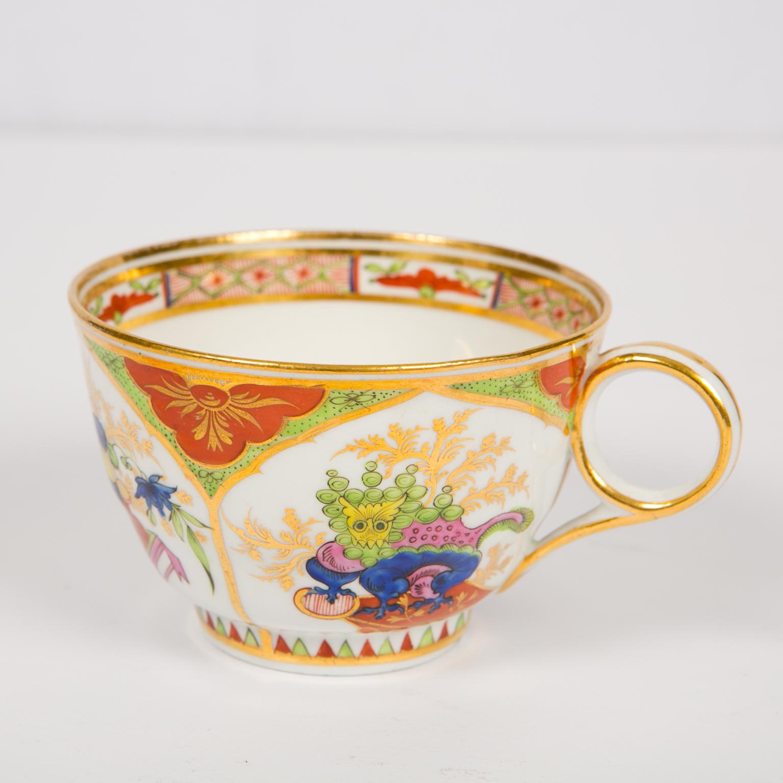 Chinoiserie Worcester Dragon in Compartments Tea Cups and Saucers