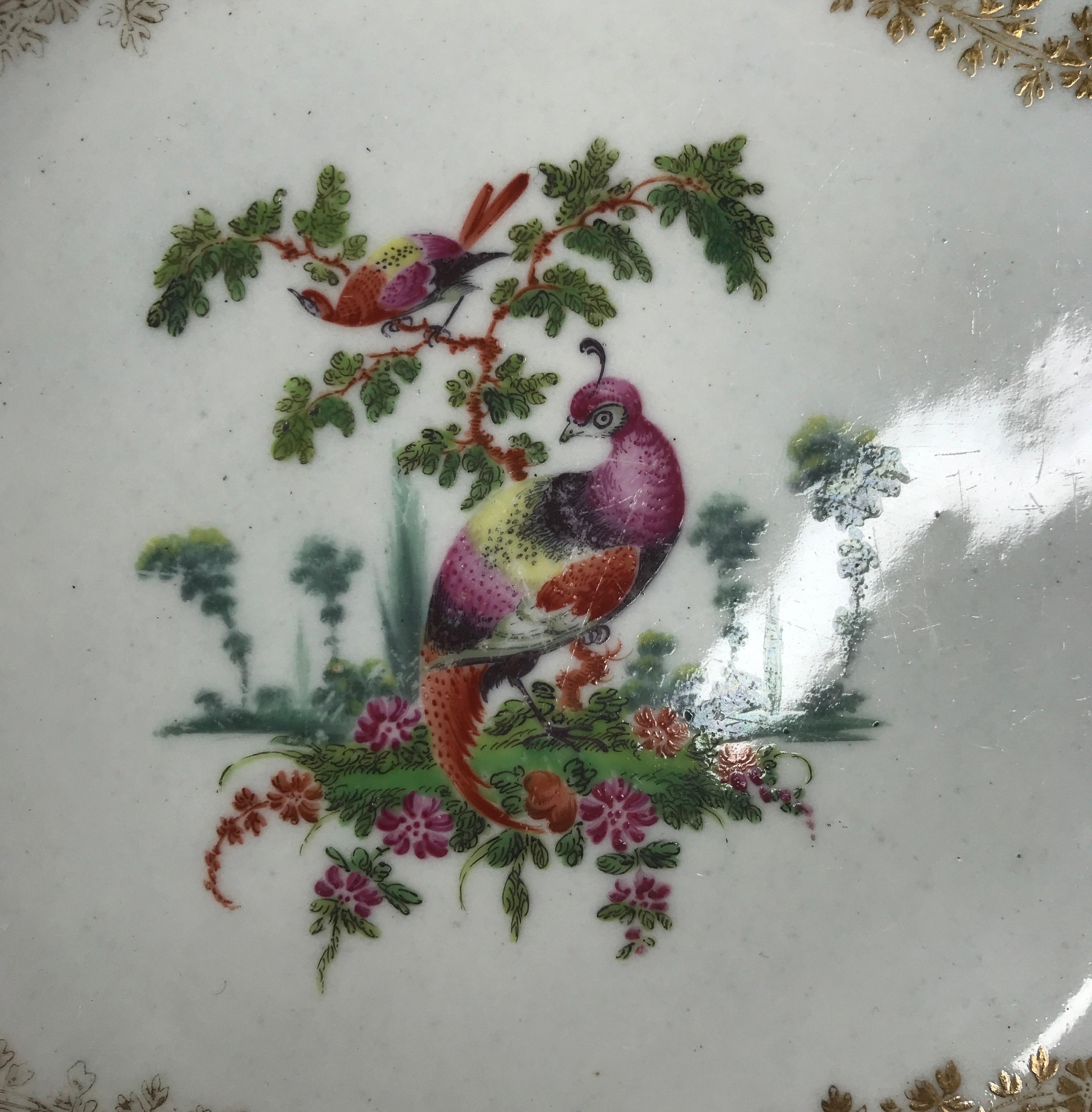 Late 18th Century Worcester 'Fancy Birds' Plate, Gilt Garlands, c. 1770 For Sale