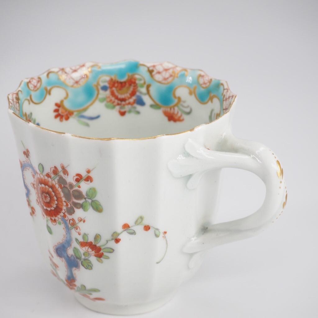 Worcester Fluted Coffee Cup & Saucer, 'Quail' Pattern, Blue Rococo Border c.1775 For Sale 8
