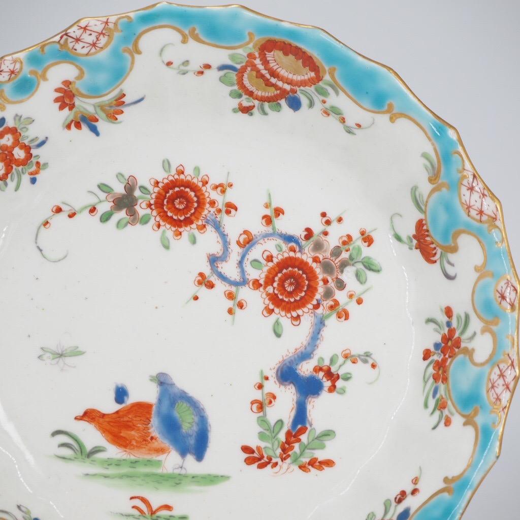 Hand-Painted Worcester Fluted Coffee Cup & Saucer, 'Quail' Pattern, Blue Rococo Border c.1775 For Sale