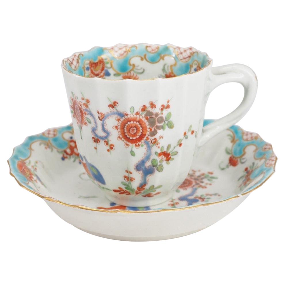 Worcester Fluted Coffee Cup & Saucer, 'Quail' Pattern, Blue Rococo Border c.1775 For Sale