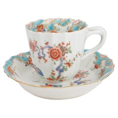 Antique Worcester Fluted Coffee Cup & Saucer, 'Quail' Pattern, Blue Rococo Border c.1775