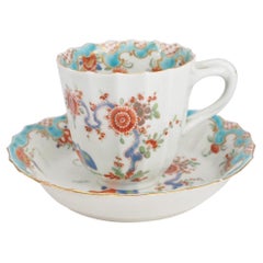 Worcester Fluted Coffee Cup & Saucer, 'Quail' Pattern, Blue Rococo Border c.1775