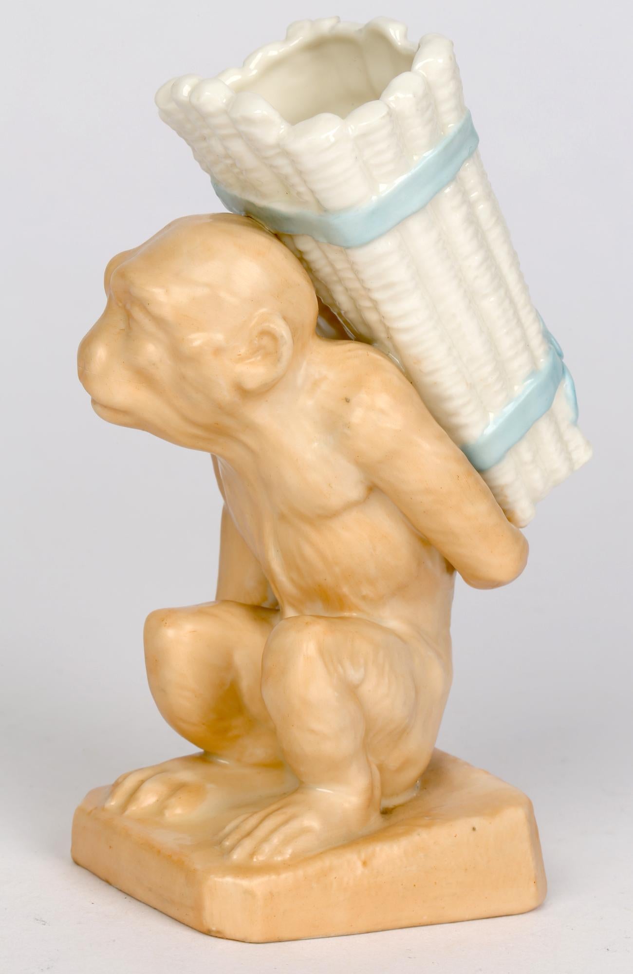 Hand-Painted Worcester Grainger Seated Monkey Porcelain Spill Vase