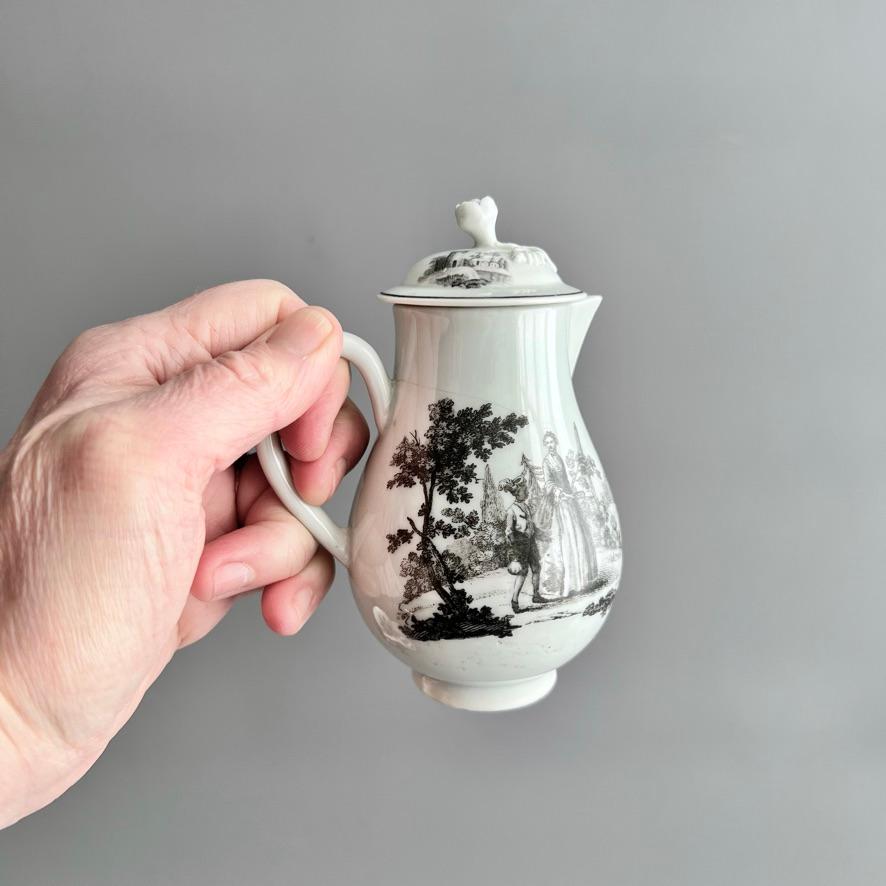 George III Worcester Milk Jug and Cover, Creamer, Monochrome Print Tea Party no.2, ca 1760 For Sale