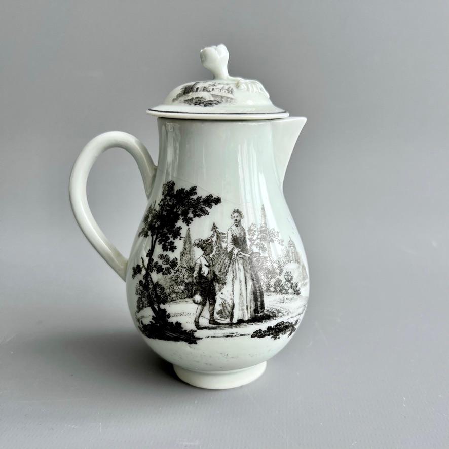Hand-Painted Worcester Milk Jug and Cover, Creamer, Monochrome Print Tea Party no.2, ca 1760 For Sale