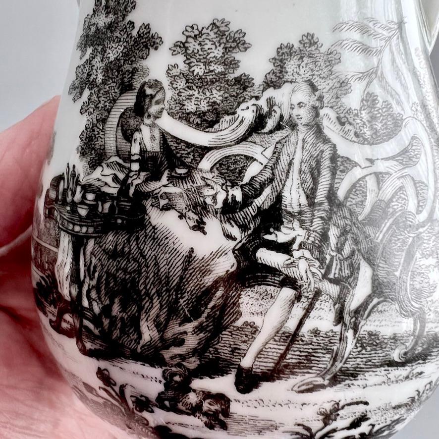 Mid-18th Century Worcester Milk Jug and Cover, Creamer, Monochrome Print Tea Party no.2, ca 1760 For Sale