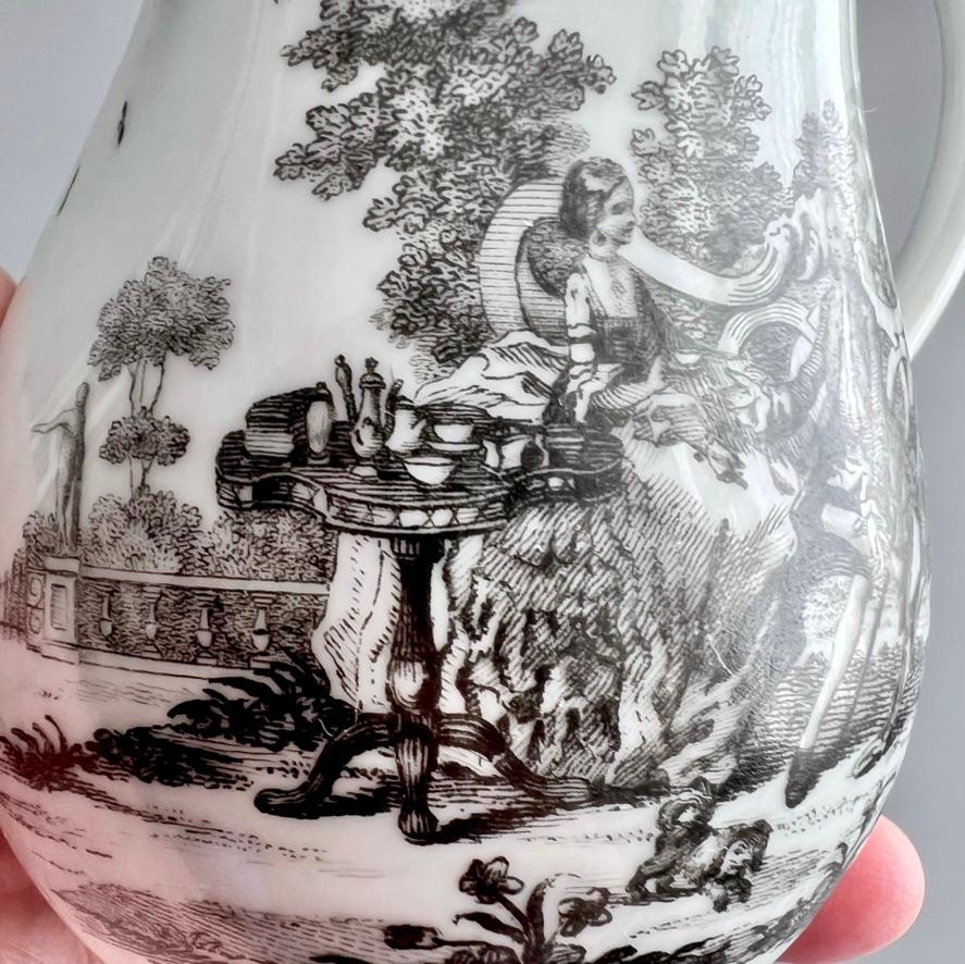 Porcelain Worcester Milk Jug and Cover, Creamer, Monochrome Print Tea Party no.2, ca 1760 For Sale