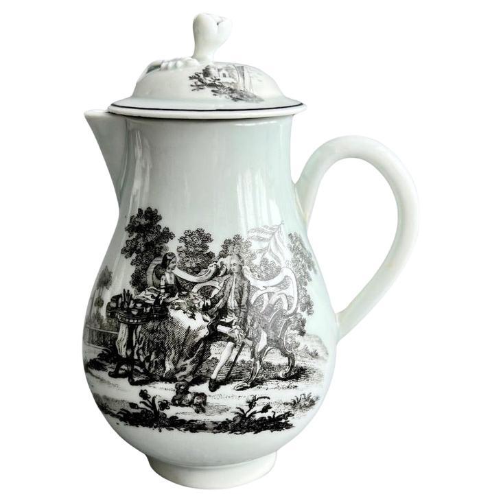 Worcester Milk Jug and Cover, Creamer, Monochrome Print Tea Party no.2, ca 1760 For Sale