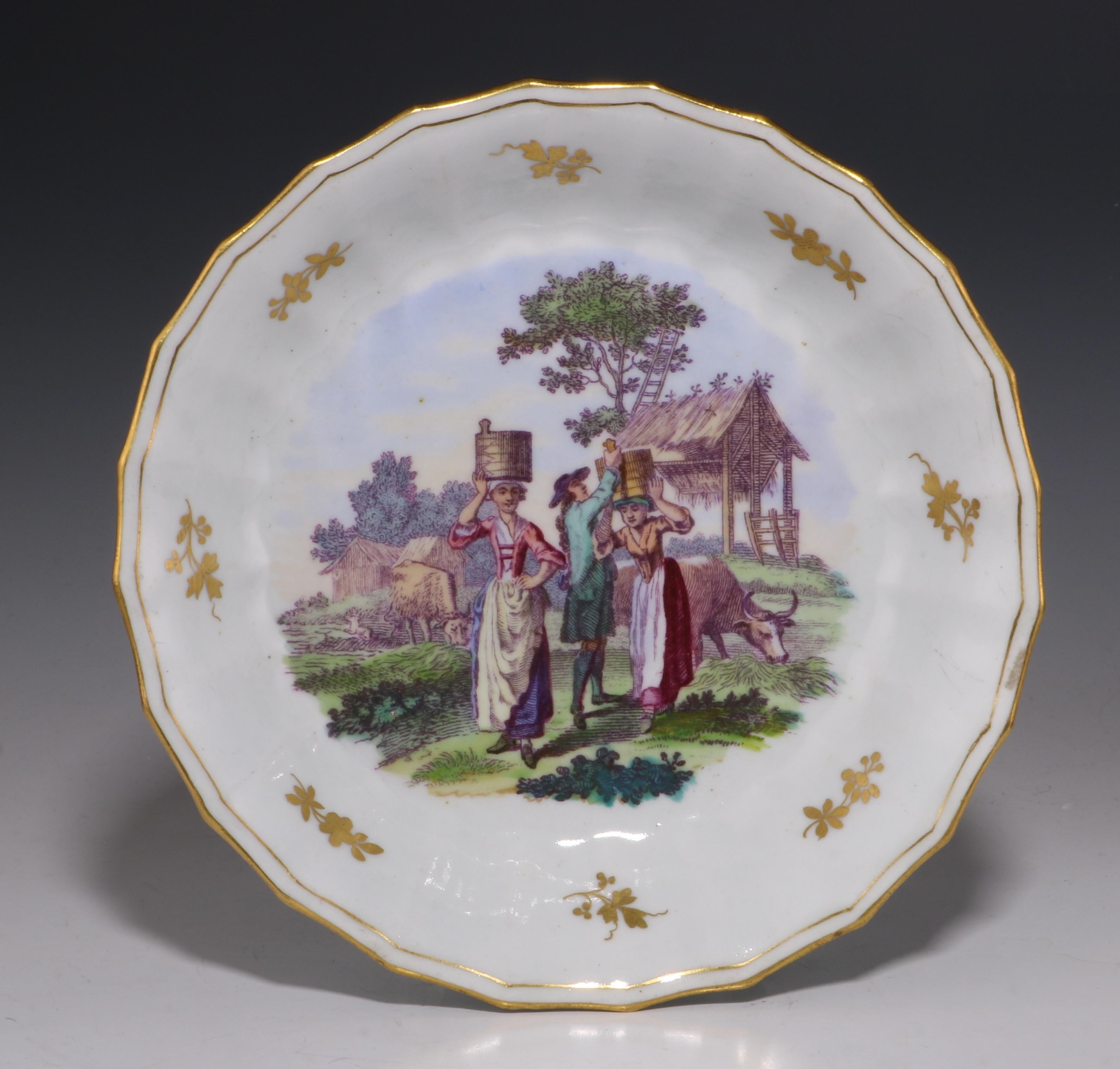 Enameled English Worcester Onglaze Printed and Enamelled Cup and Saucer, circa 1770 For Sale